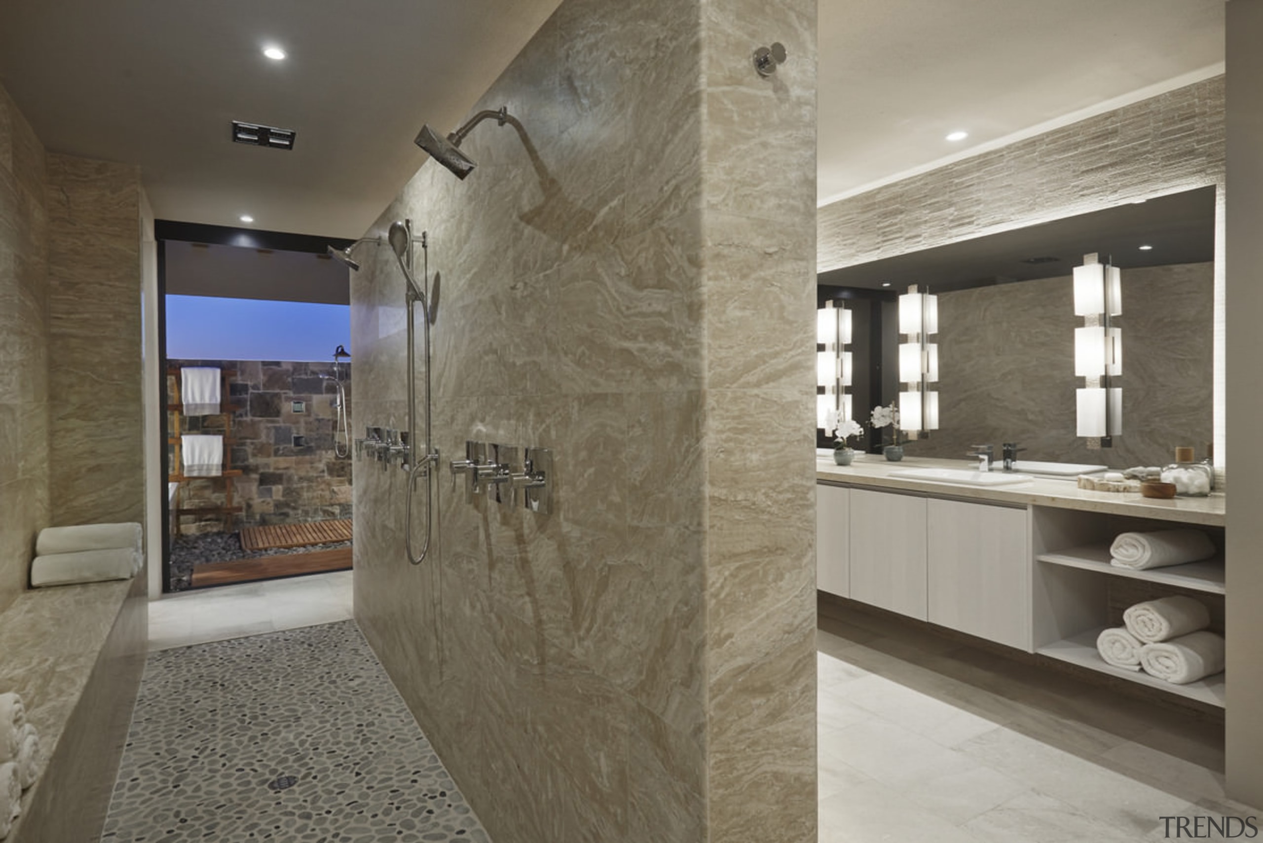 No shortage of shower options in this bathroom architecture, ceiling, countertop, floor, flooring, interior design, lobby, real estate, tile, wall, gray