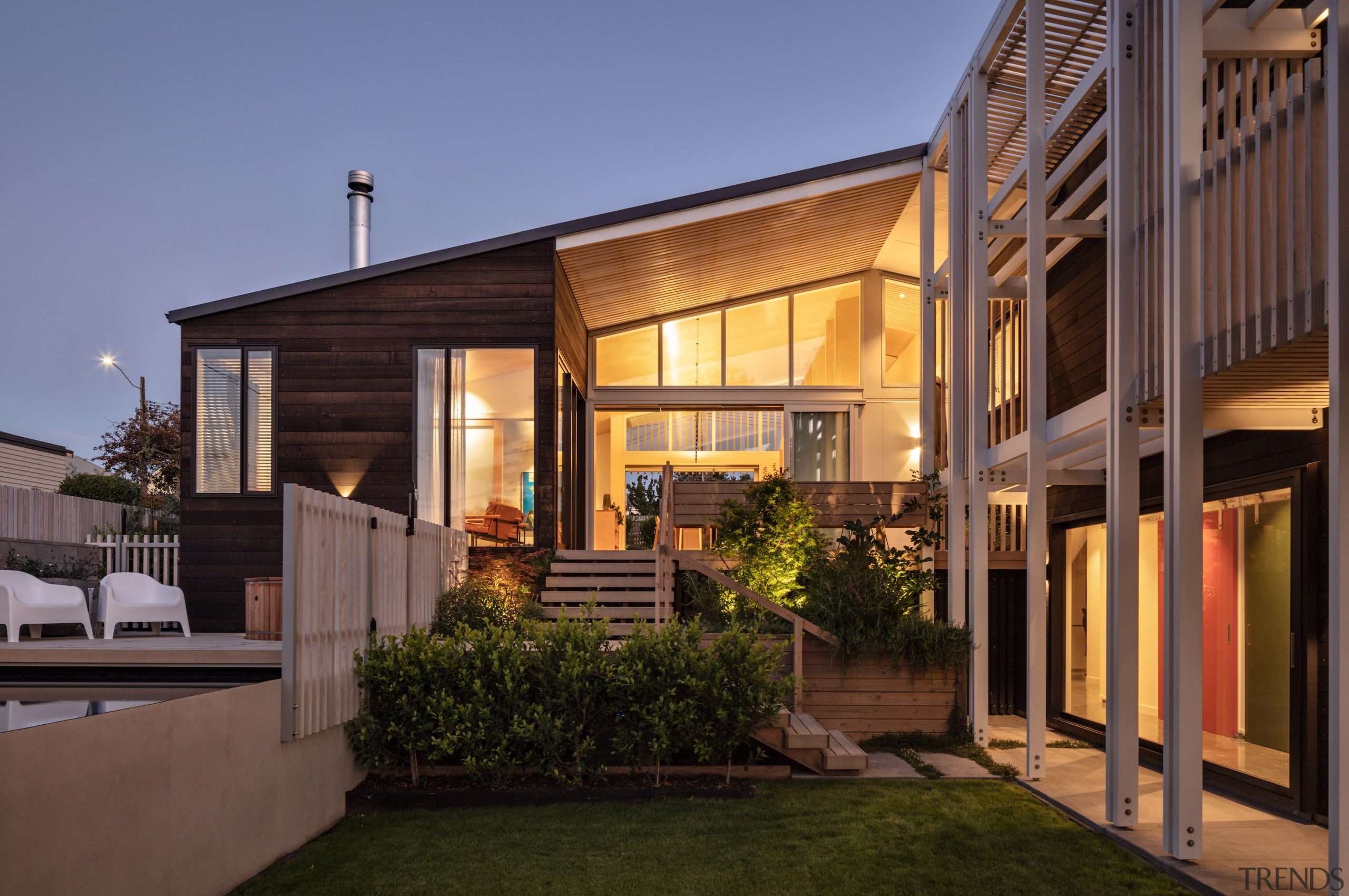 The kitchen at dusk, seen from the rear 
