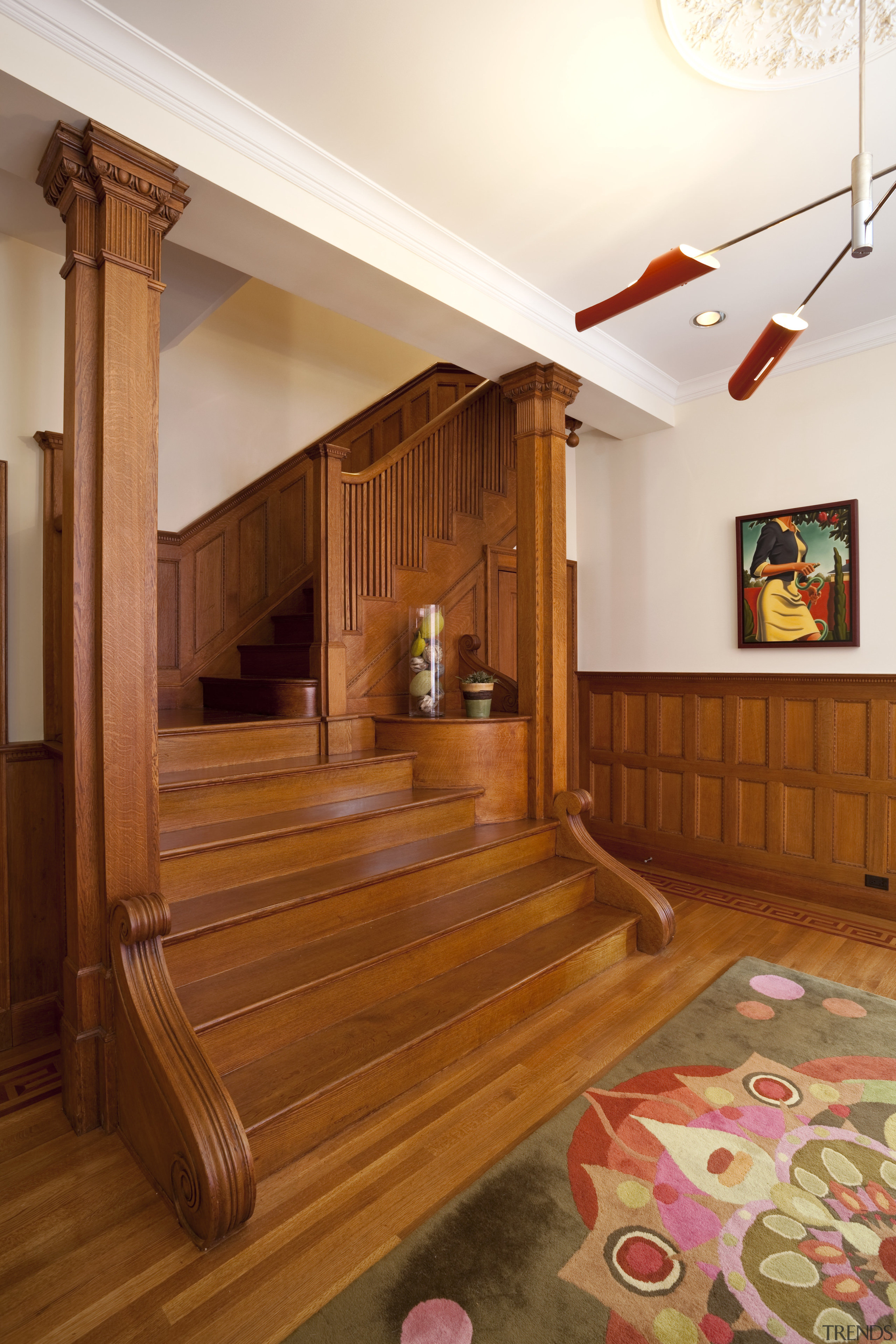 This house was remodeled by Architect Brian J. ceiling, floor, flooring, furniture, hardwood, home, interior design, laminate flooring, real estate, room, stairs, wall, wood, wood flooring, wood stain, brown, white