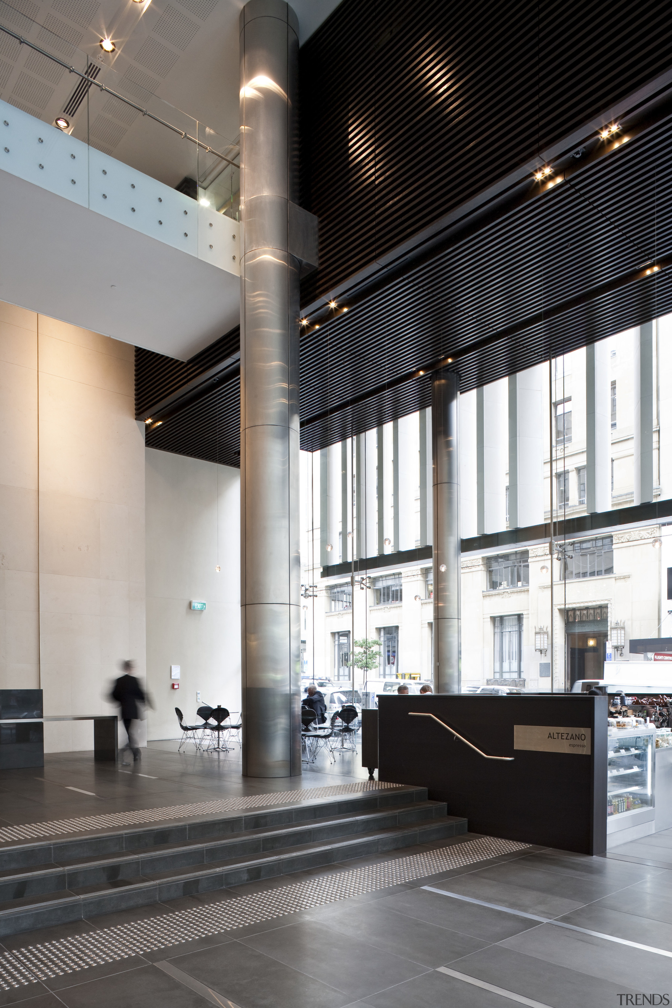 Interior view of the Deloitte Centre offices which architecture, building, ceiling, daylighting, floor, glass, interior design, lobby, structure, gray, black