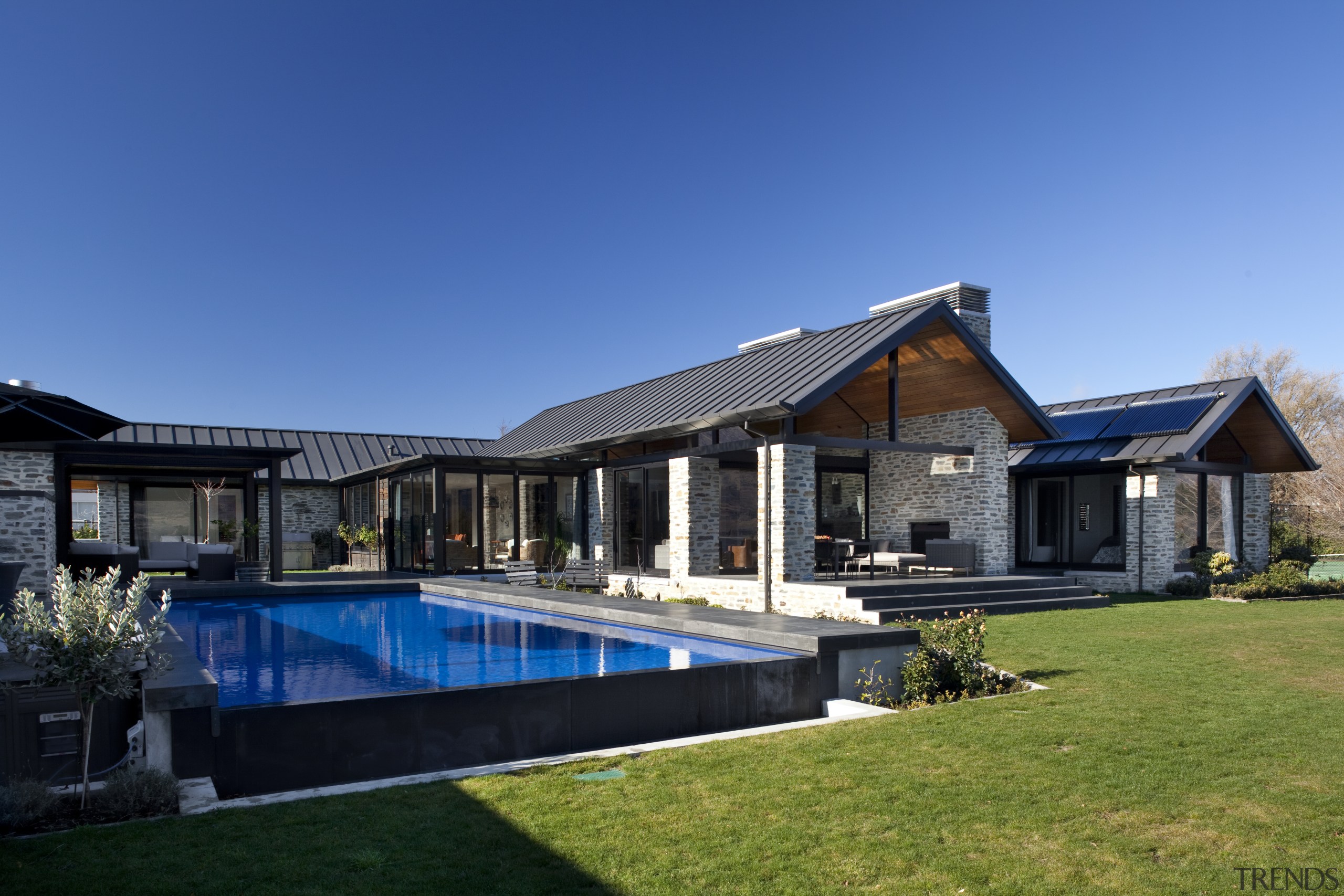 Nz2812 Mason And Wales 0123282 - architecture | architecture, backyard, cottage, estate, facade, farmhouse, home, house, property, real estate, residential area, roof, siding, sky, swimming pool, villa, window, blue