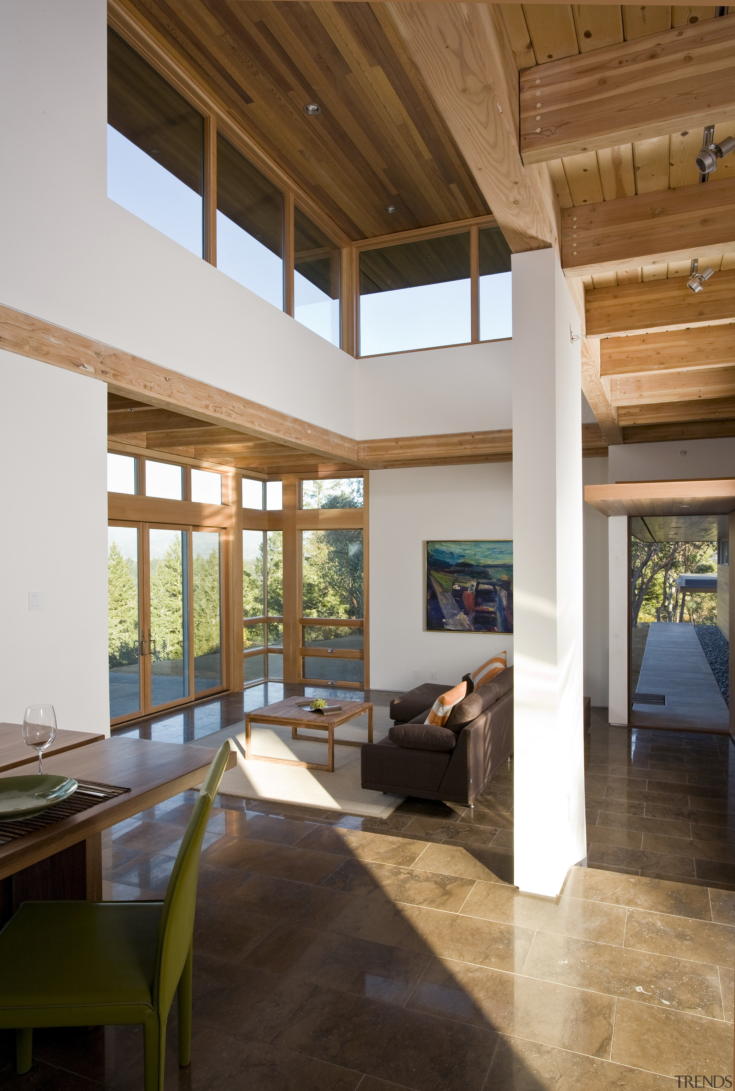 Designed by Robert Swatt, FAIA, Swatt | Miers architecture, beam, ceiling, daylighting, estate, floor, flooring, house, interior design, living room, real estate, window, wood, brown, white