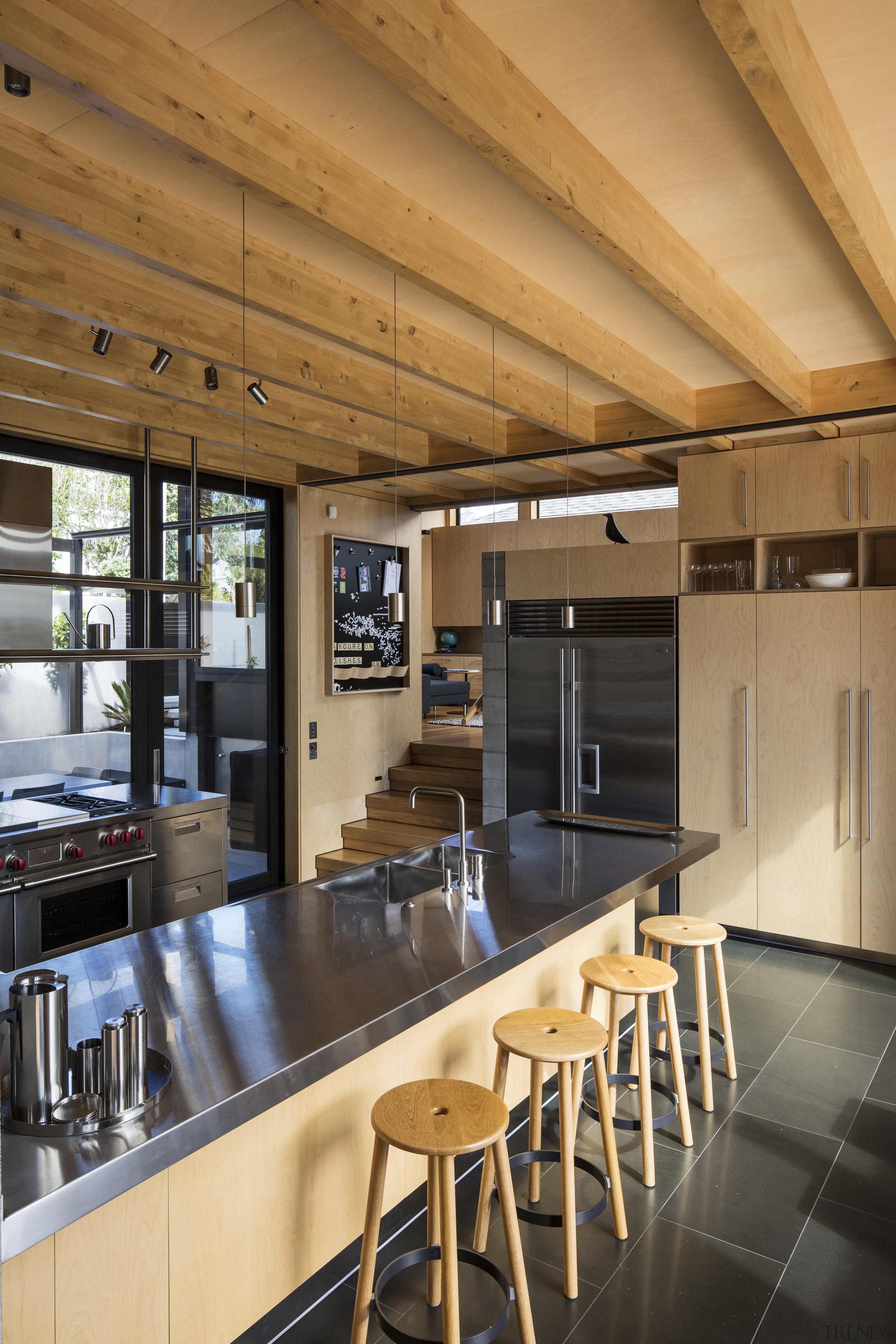 This new semi-industrial kitchen features a birch timber architecture, ceiling, countertop, house, interior design, kitchen, real estate, orange, brown