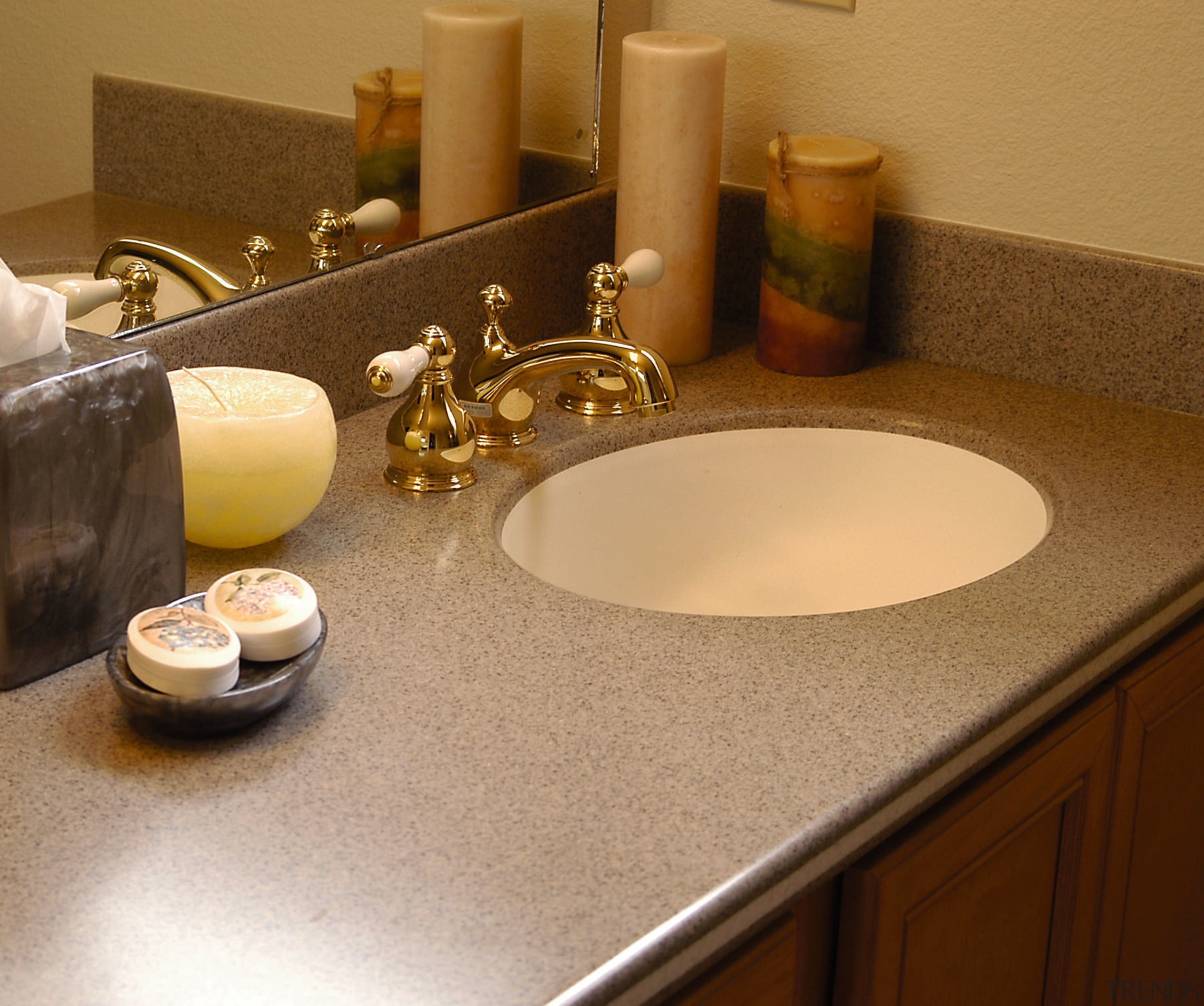 View of the bathroom vanity unit - View countertop, room, sink, table, brown, orange