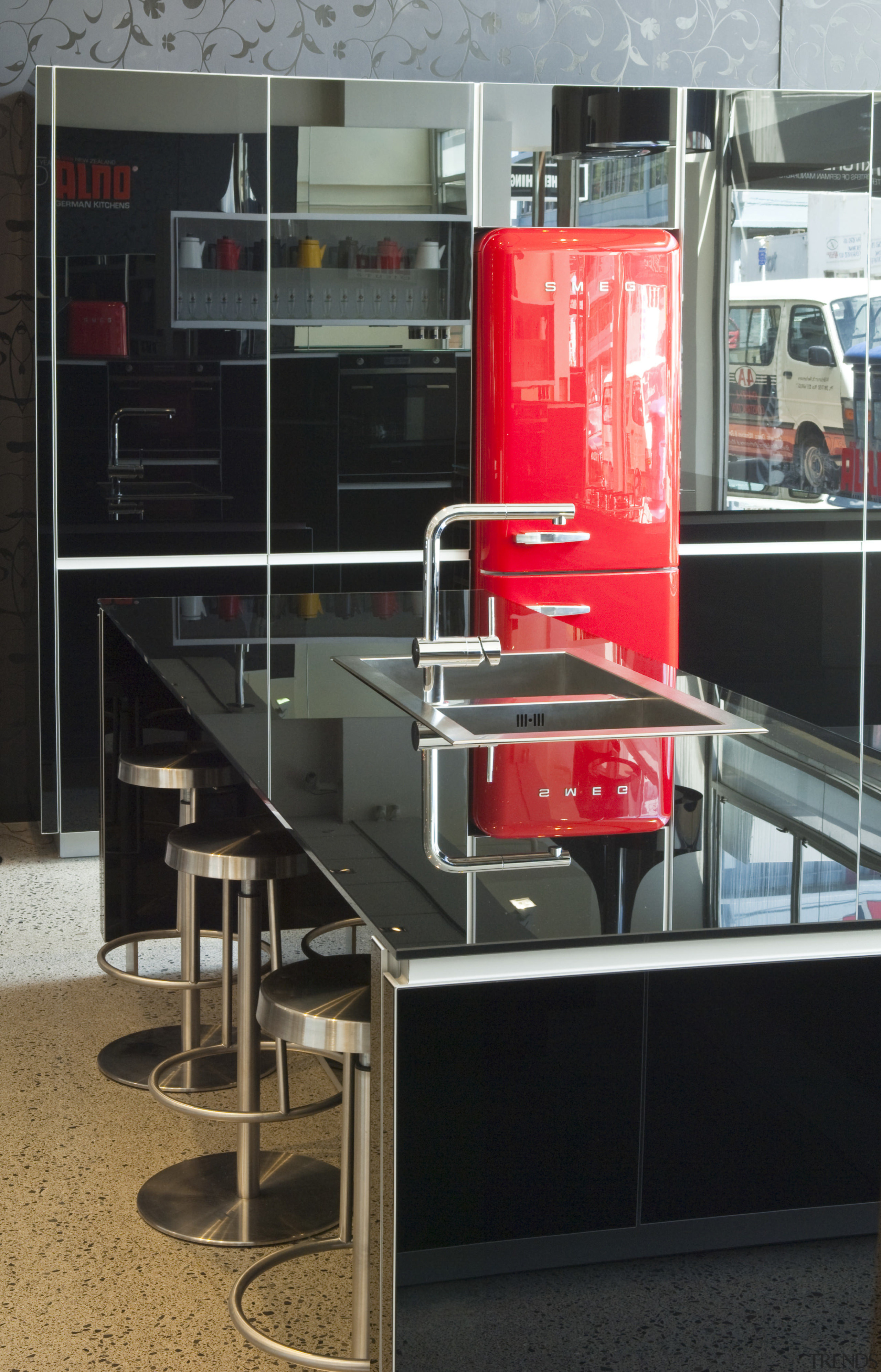 View of kitchen which features a Smeg 50s furniture, glass, product, table, black, gray