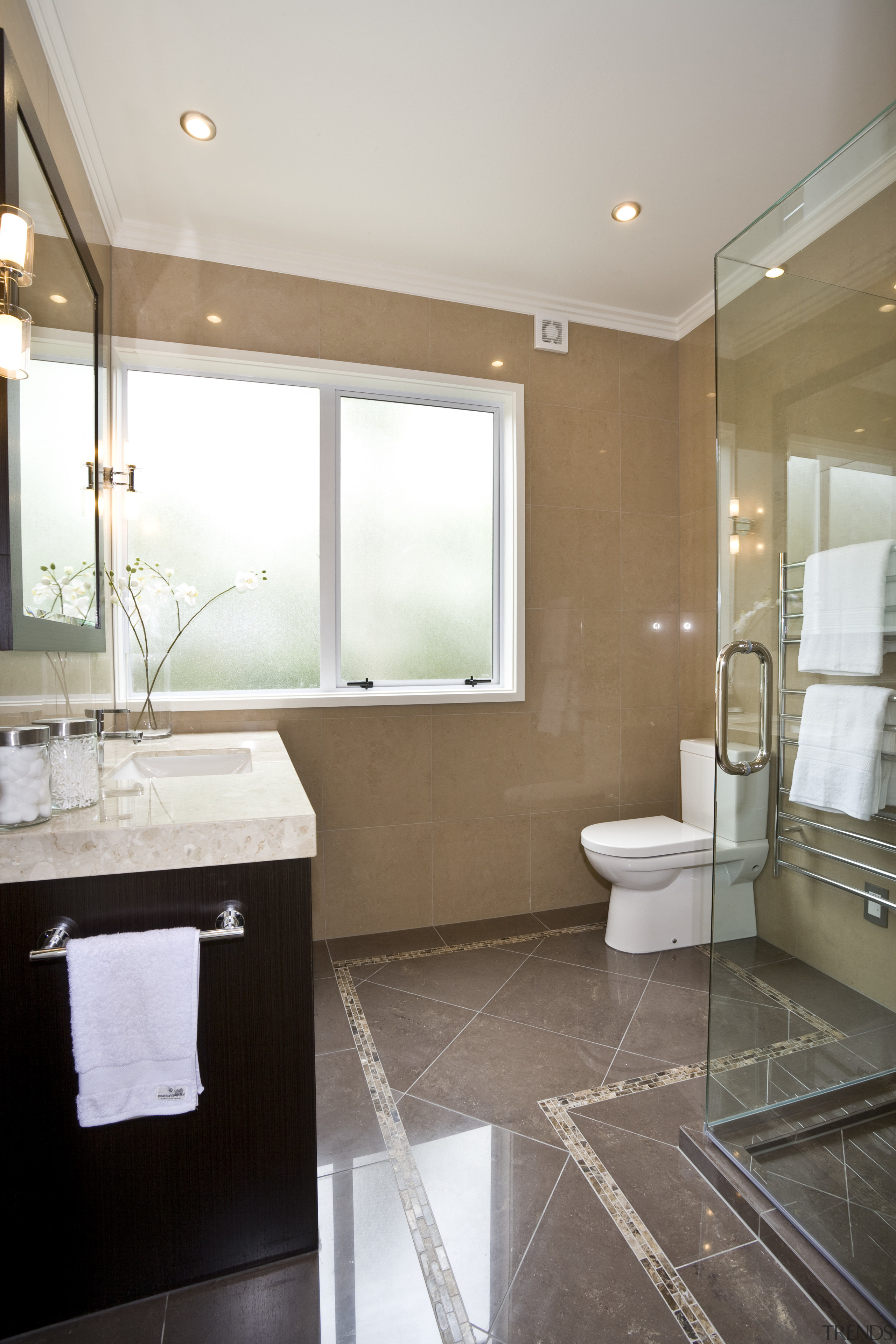 View of a bathroom designed by a Yellow architecture, bathroom, countertop, floor, home, interior design, real estate, room, sink, tile, window, white