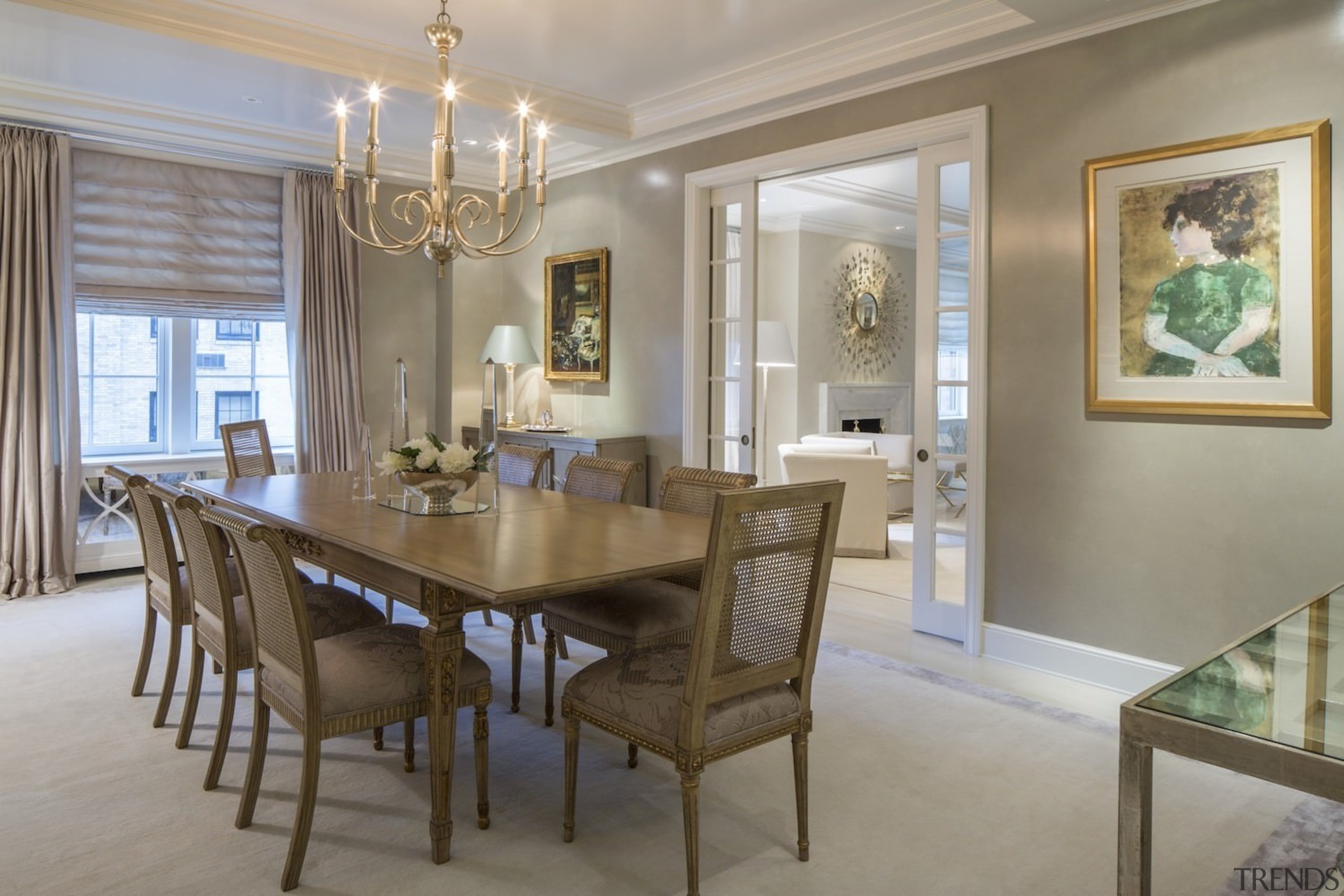 The dining room proper, with ornate chandelier - ceiling, dining room, estate, home, interior design, property, real estate, room, table, window, gray