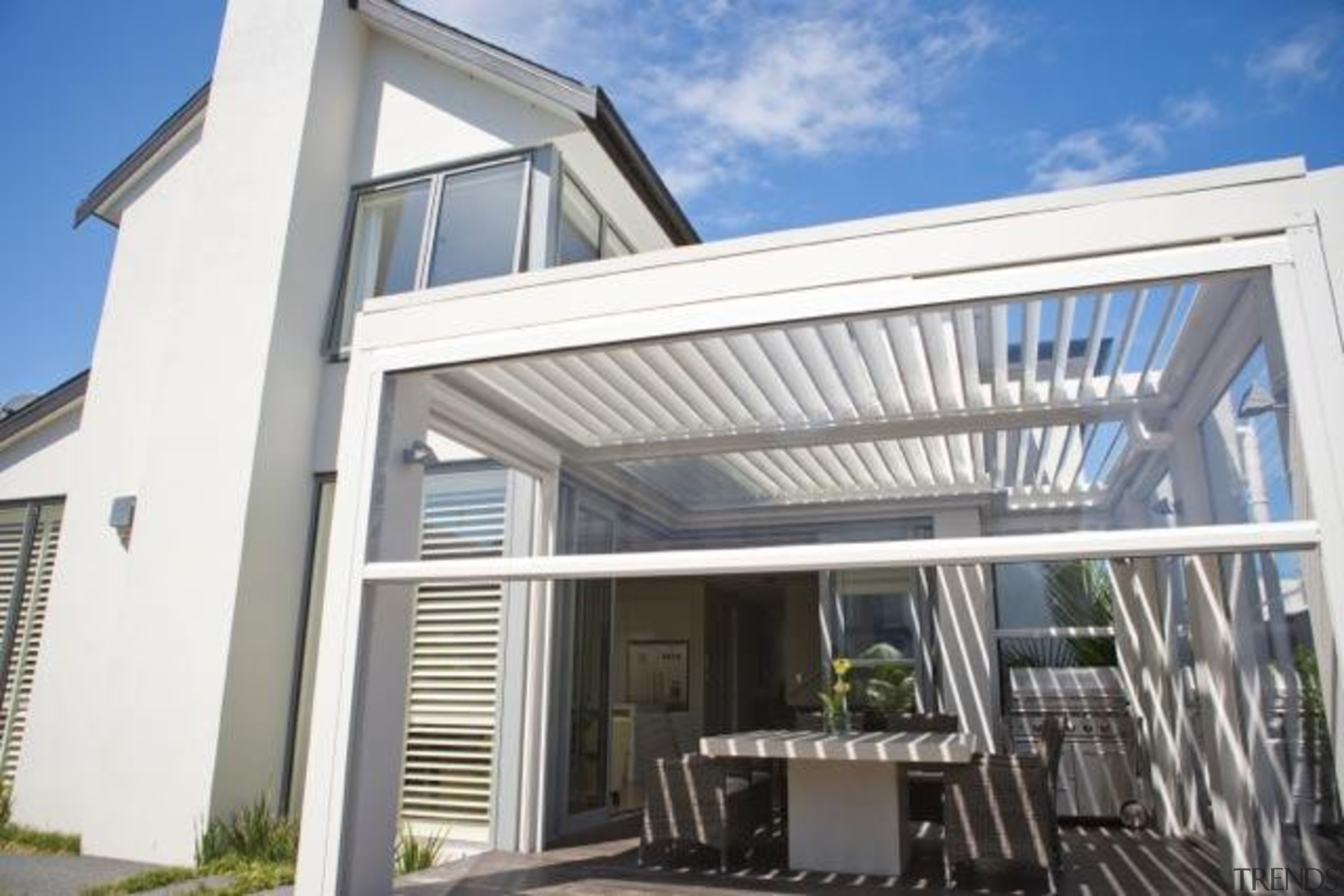 How to create outdoor living areas for all building, daylighting, facade, house, property, real estate, roof, window, gray, white