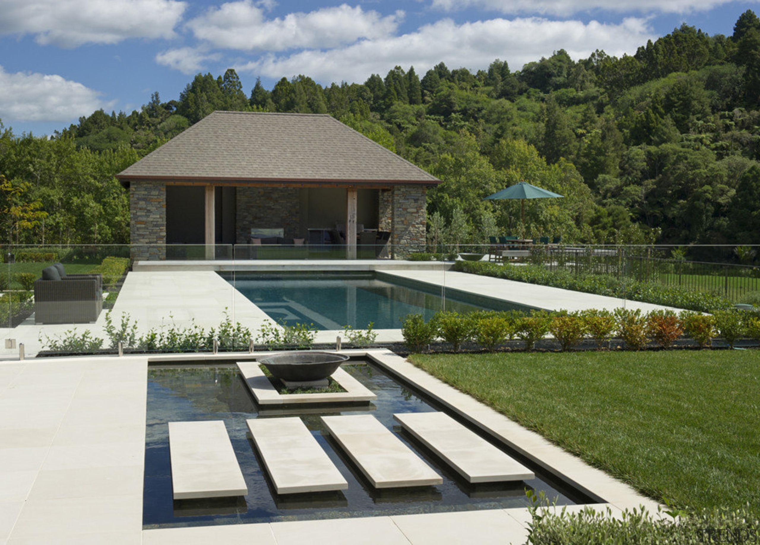 View of outdoor living area with pool. - cottage, estate, home, house, landscape, leisure, property, real estate, swimming pool, villa, brown