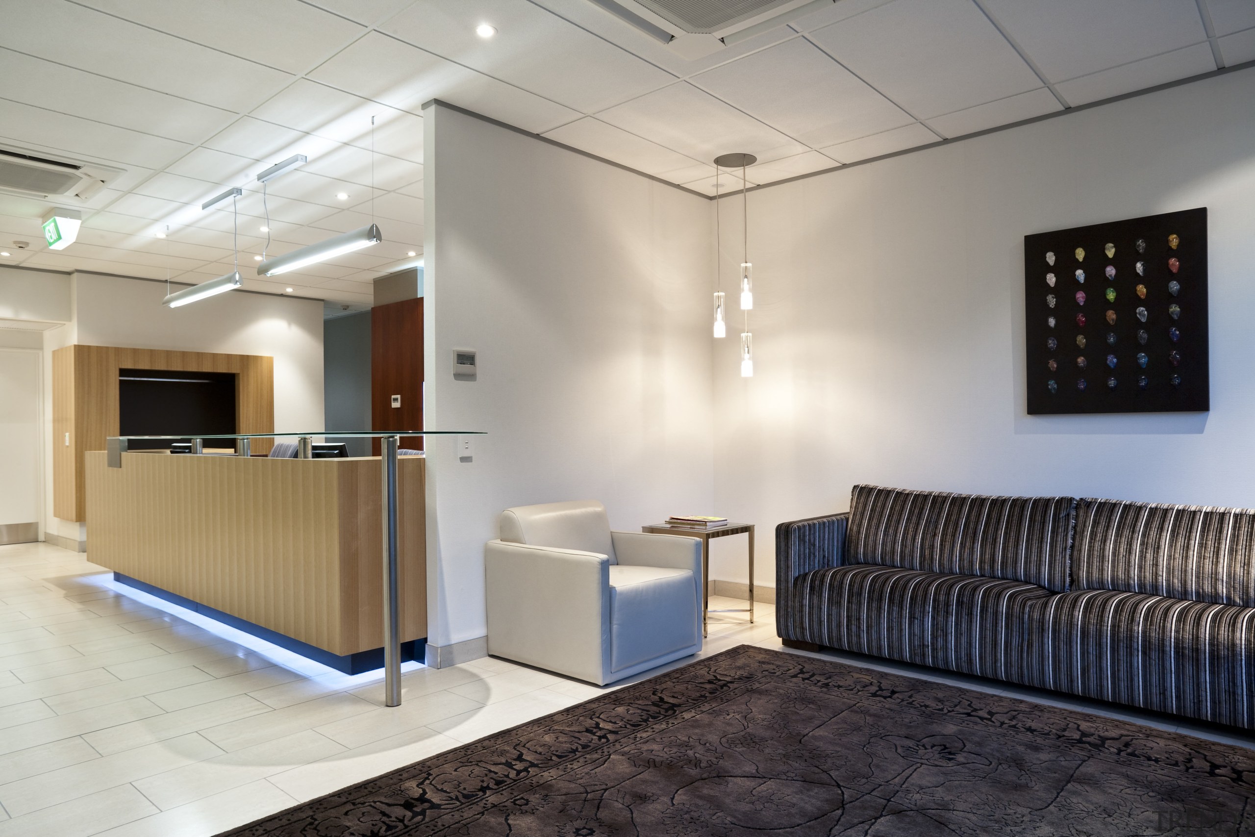 Entrance of White Fox &amp; Jones Law Firm, ceiling, interior design, gray