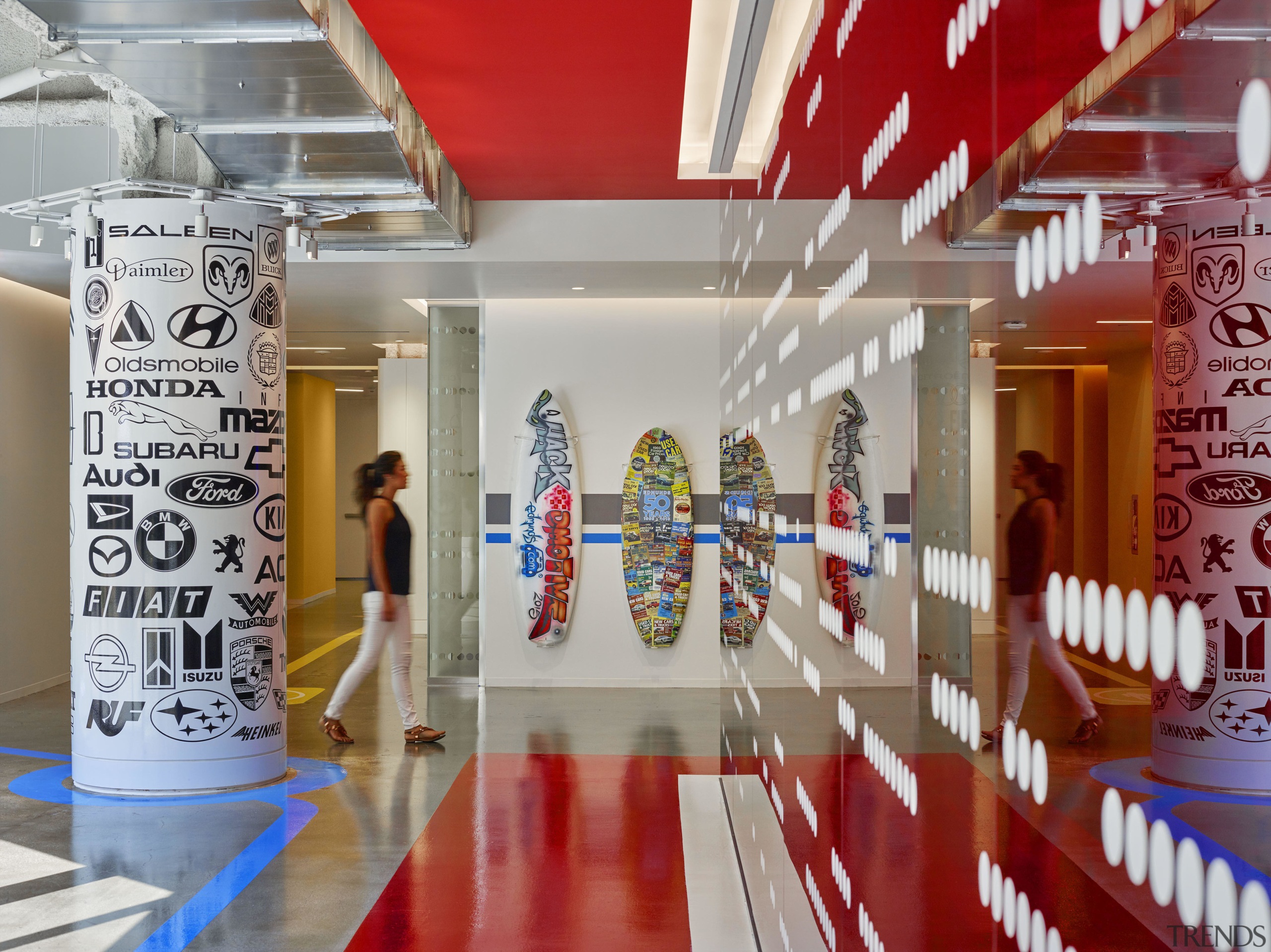 Design elements on the ground floor at Edmunds.com exhibition, interior design, tourist attraction, gray, red