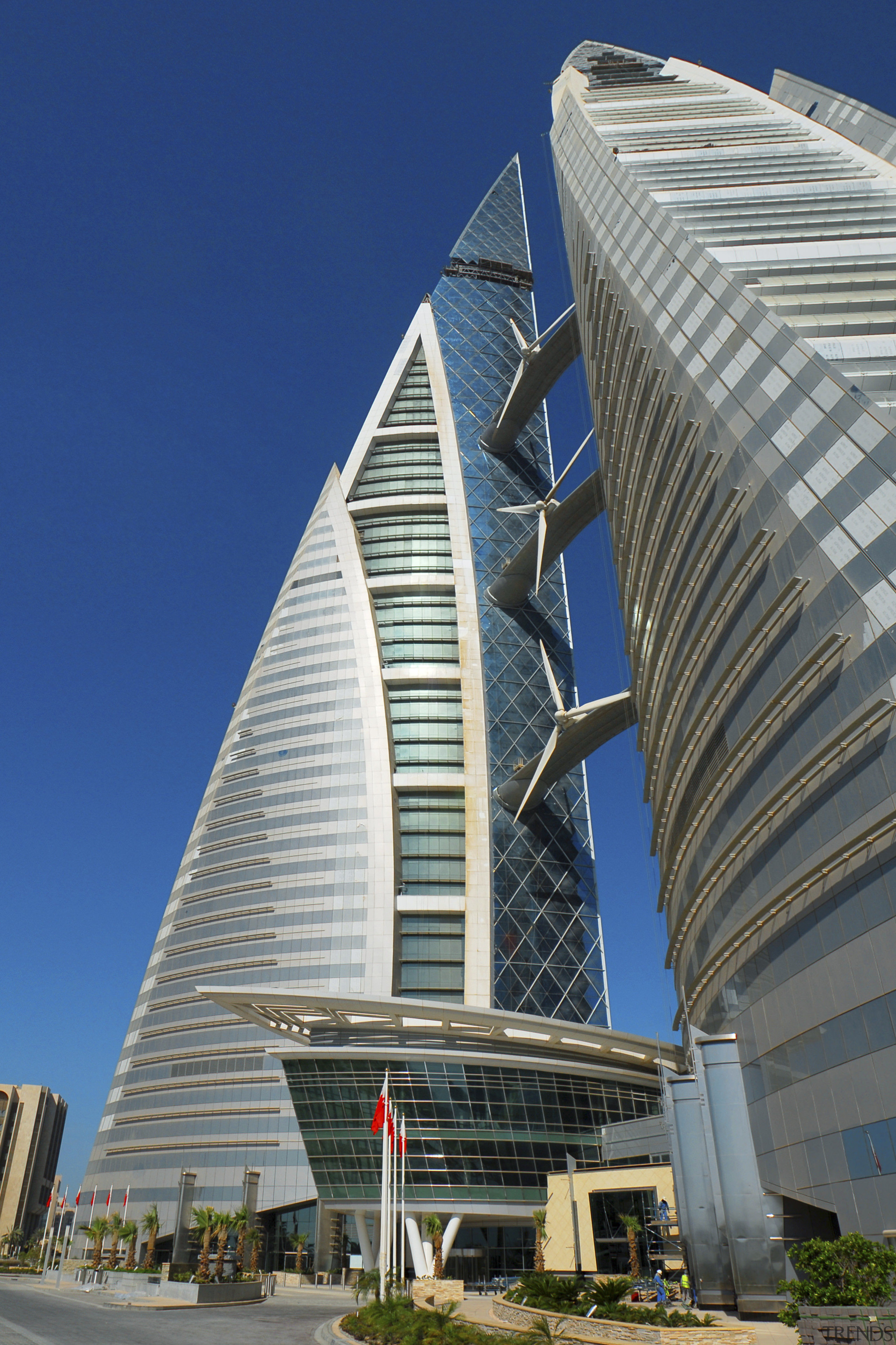 The new Bahrain world Trade Centre meets up architecture, building, commercial building, condominium, corporate headquarters, daytime, facade, headquarters, landmark, metropolis, metropolitan area, mixed use, sky, skyscraper, tower, tower block, urban area, blue, gray