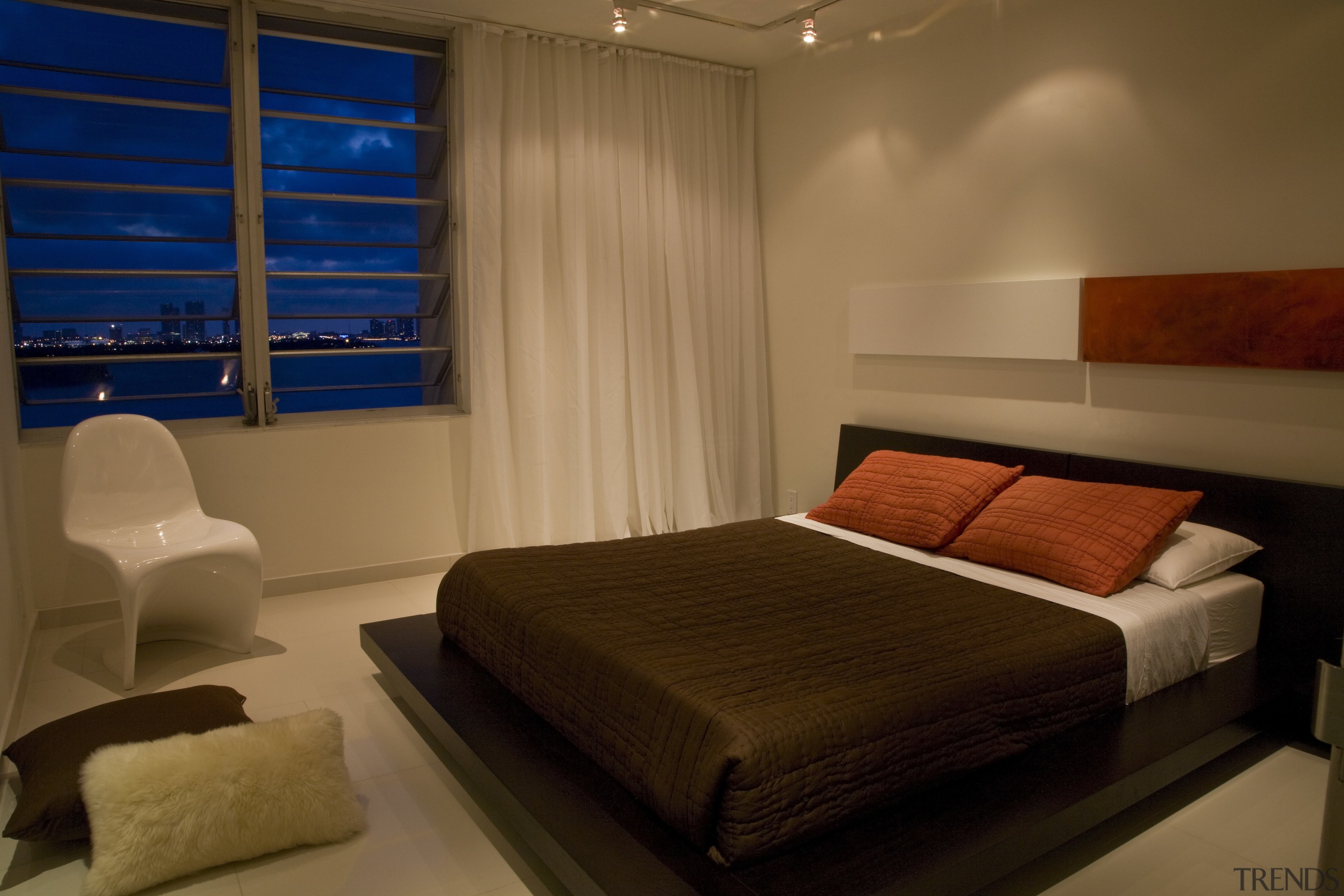 To maximize the light and space in this architecture, bed frame, bedroom, ceiling, interior design, lighting, room, suite, wood, brown