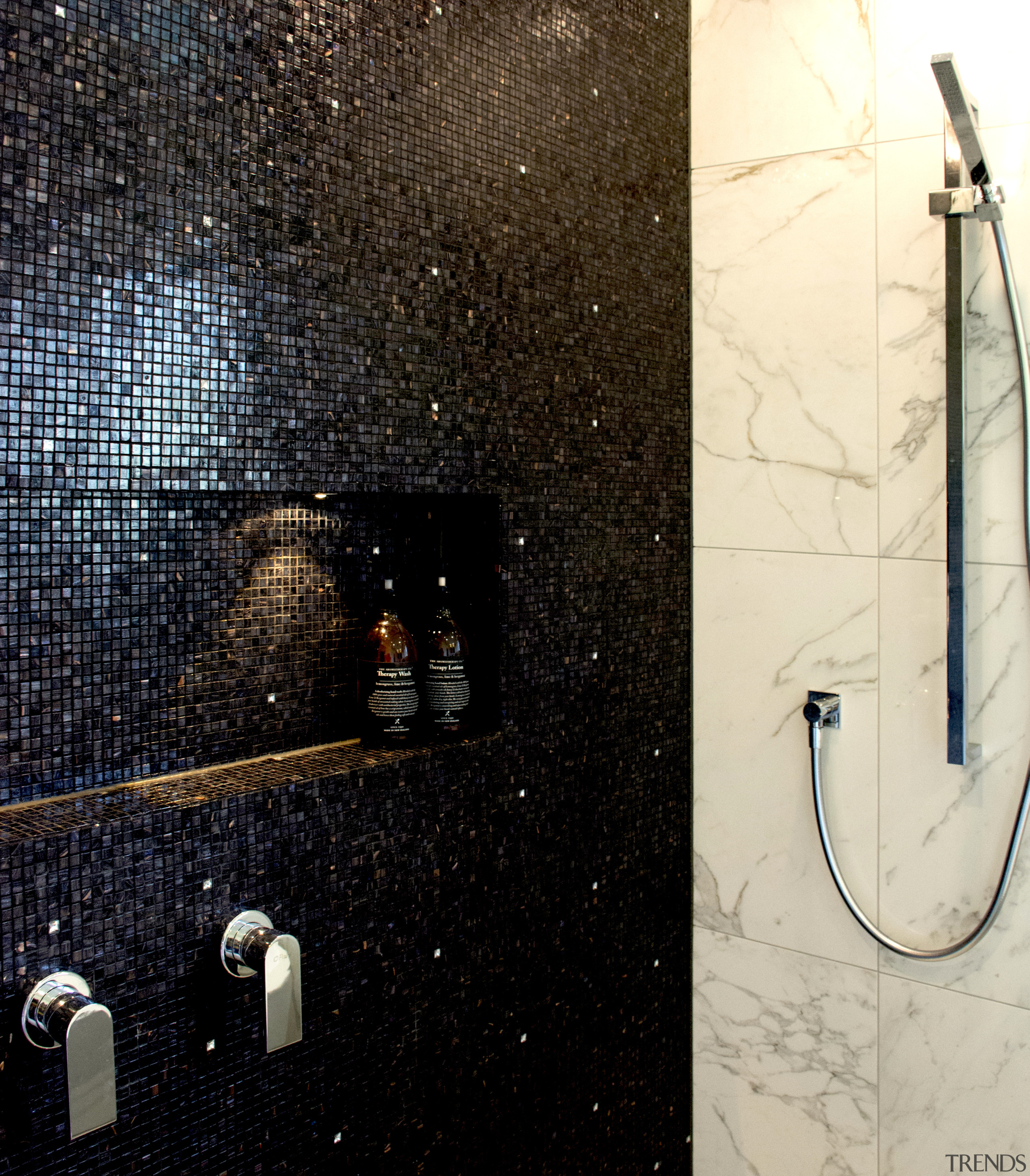 A long  recess complete with with LED lighting architecture, bathroom, plumbing, plumbing fixture, room, shower, tile, wall, black