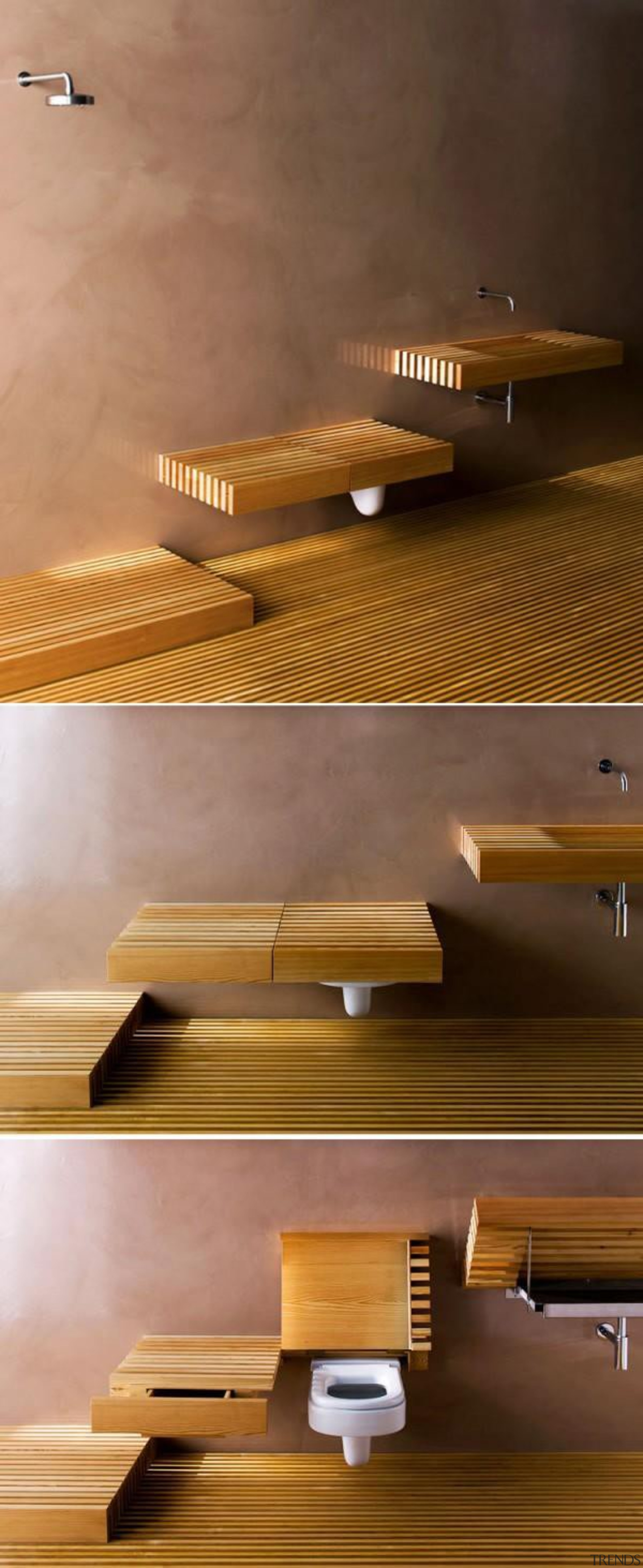 A disappearing sanitary ware design has been made floor, furniture, hardwood, product design, table, wood, wood stain, brown