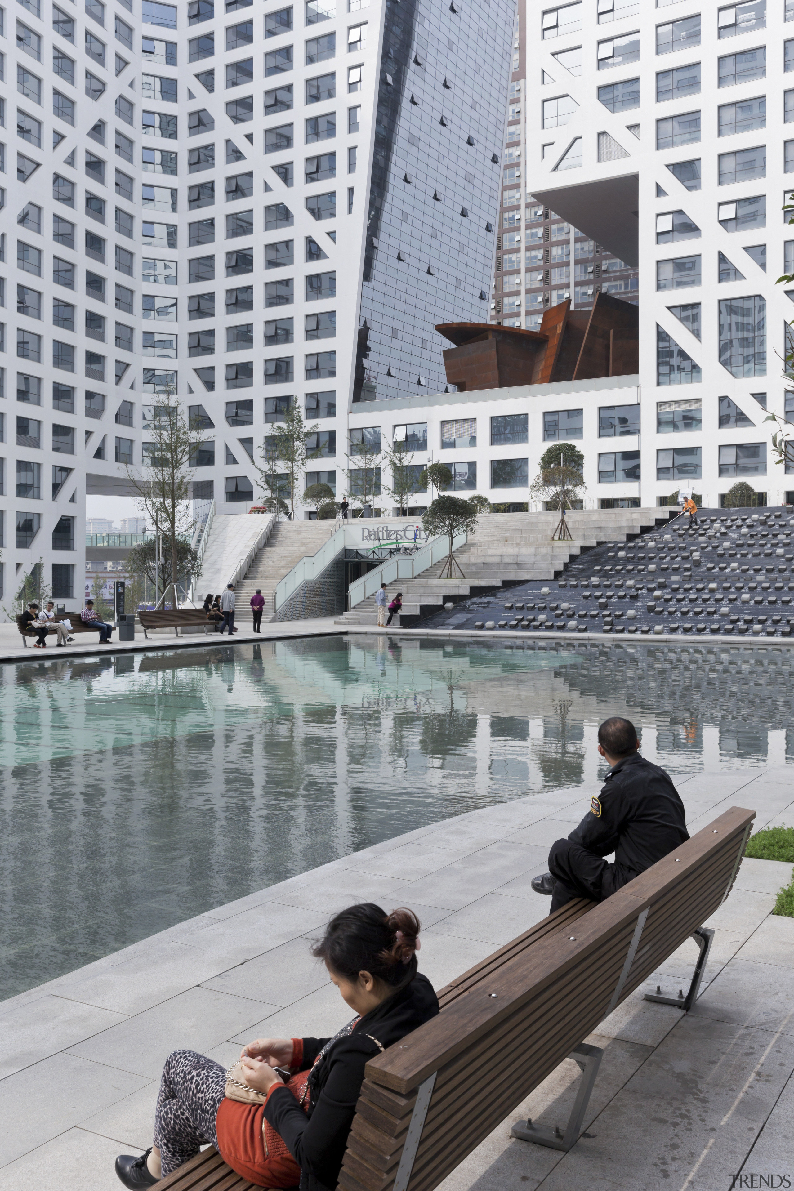 Raffles City Chengdu by Steven Holl Architects - architecture, building, city, condominium, leisure, reflection, skyscraper, tower block, water, gray