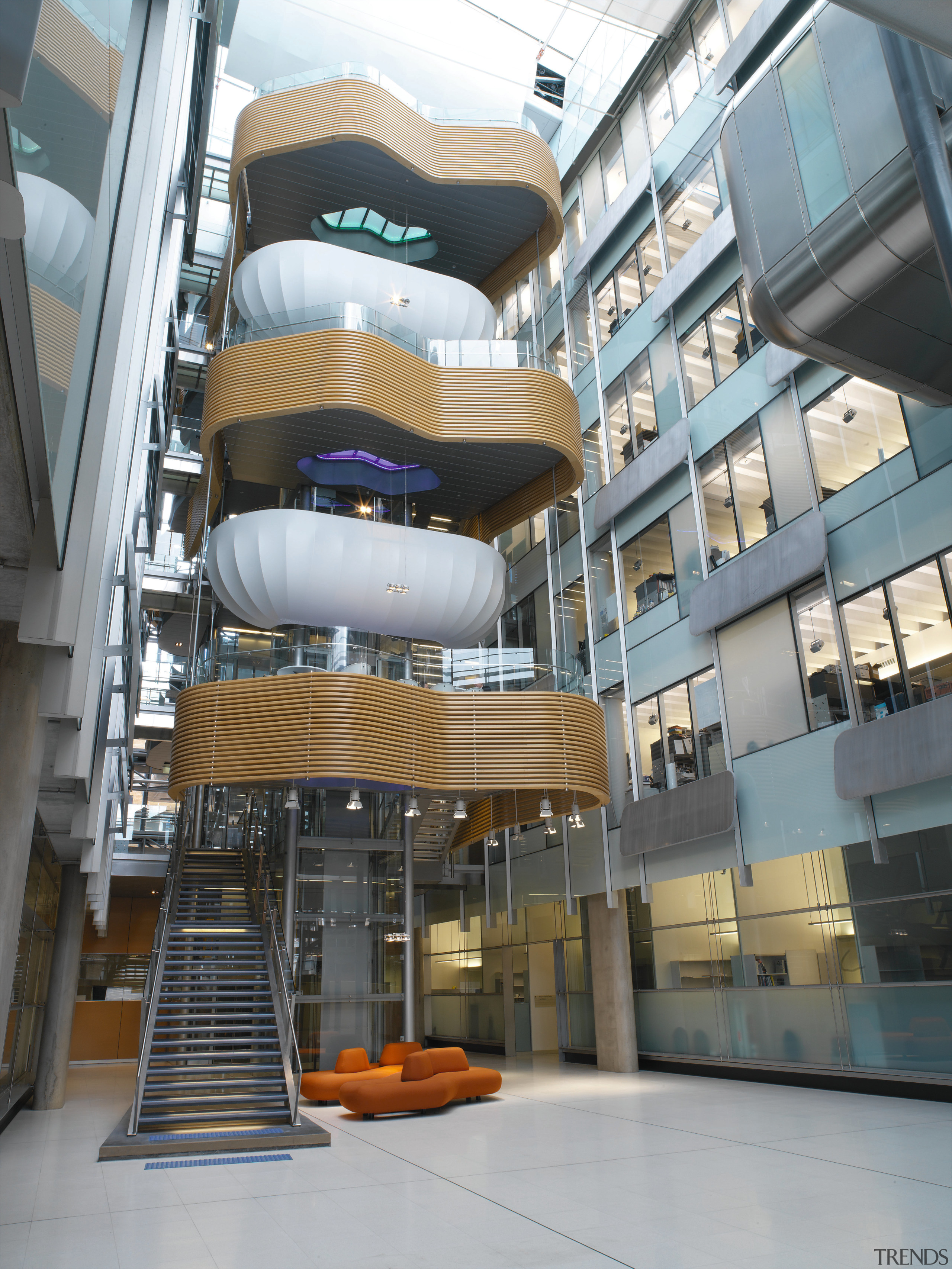 Interior view of large atrium area with stairway, architecture, building, commercial building, condominium, corporate headquarters, daylighting, facade, metropolitan area, mixed use, gray