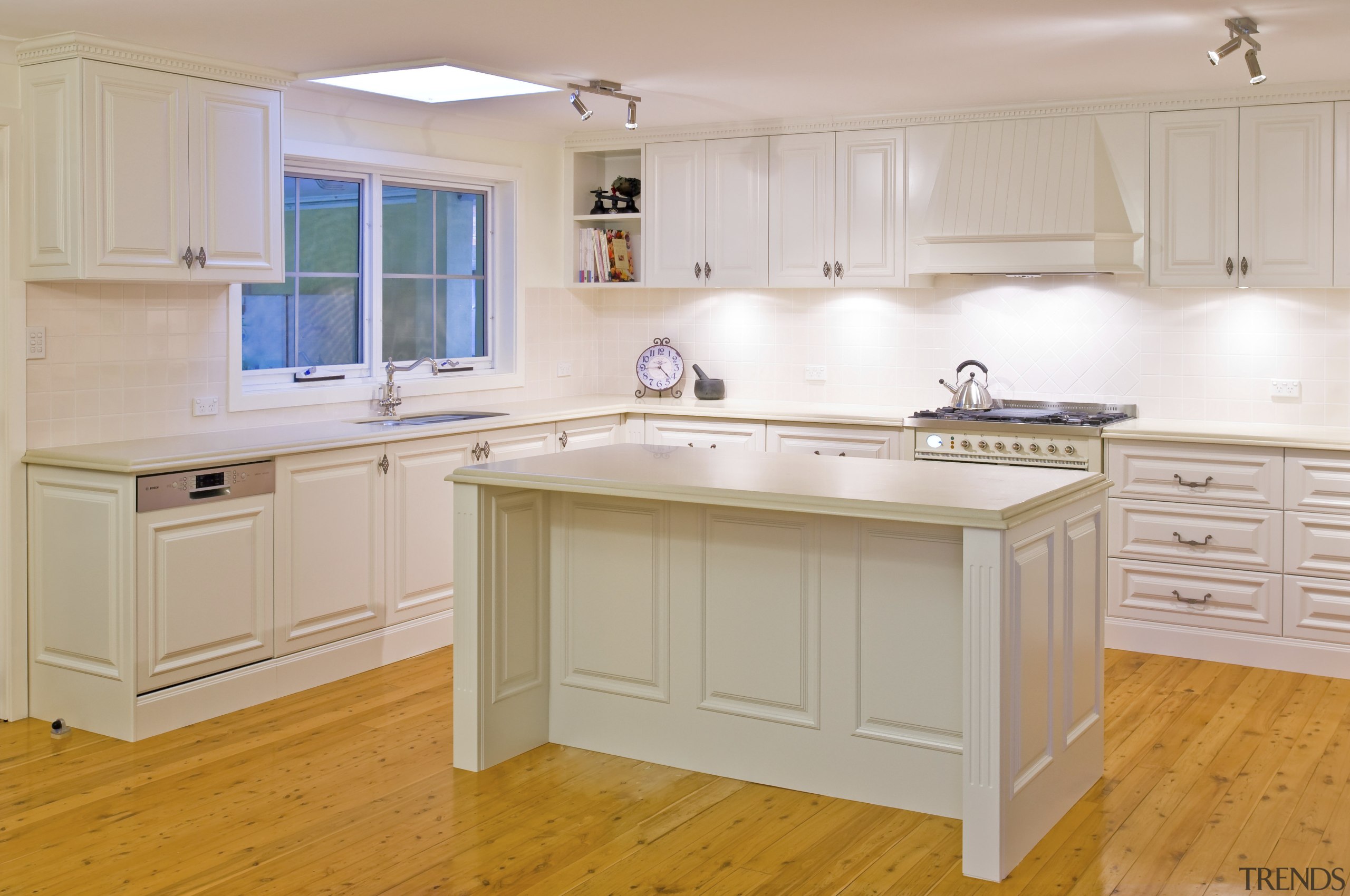 Interior view of this traditional kitchen - Interior cabinetry, countertop, cuisine classique, floor, flooring, hardwood, home, interior design, kitchen, property, real estate, room, wood flooring, gray, orange