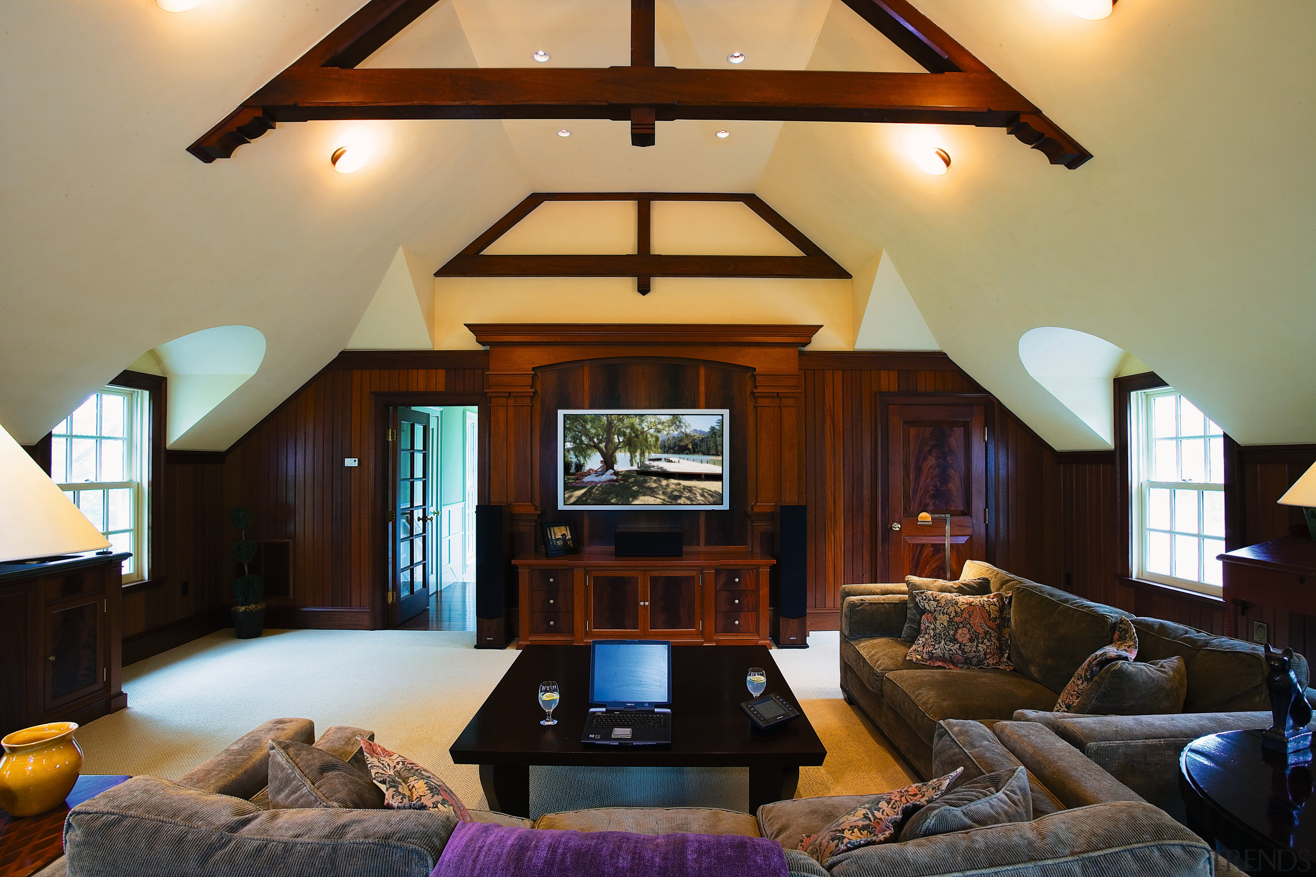 view of the billiard and entertainment room featuring beam, ceiling, daylighting, estate, home, house, interior design, living room, real estate, room, window, wood, black, orange