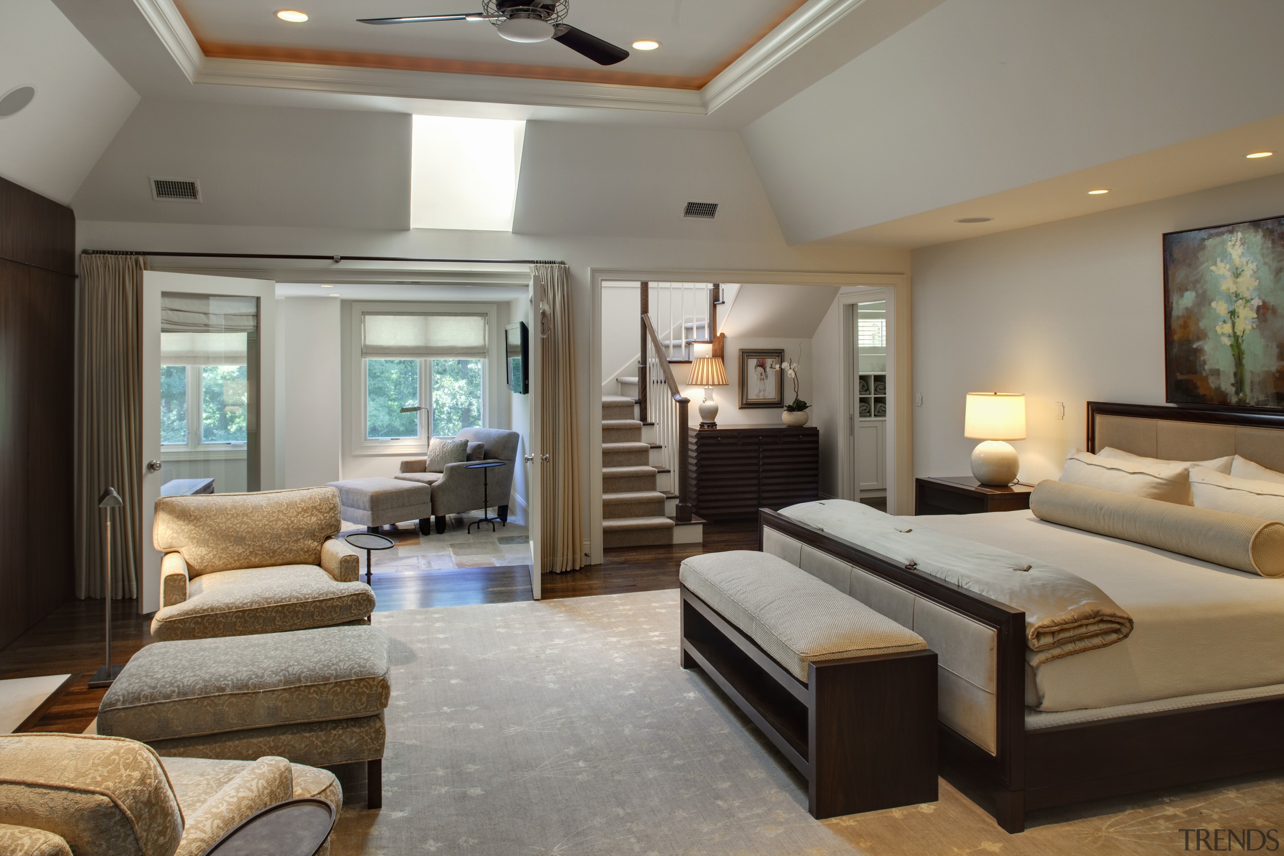 View of master bedroom which features a bed bedroom, ceiling, interior design, living room, real estate, room, suite, gray