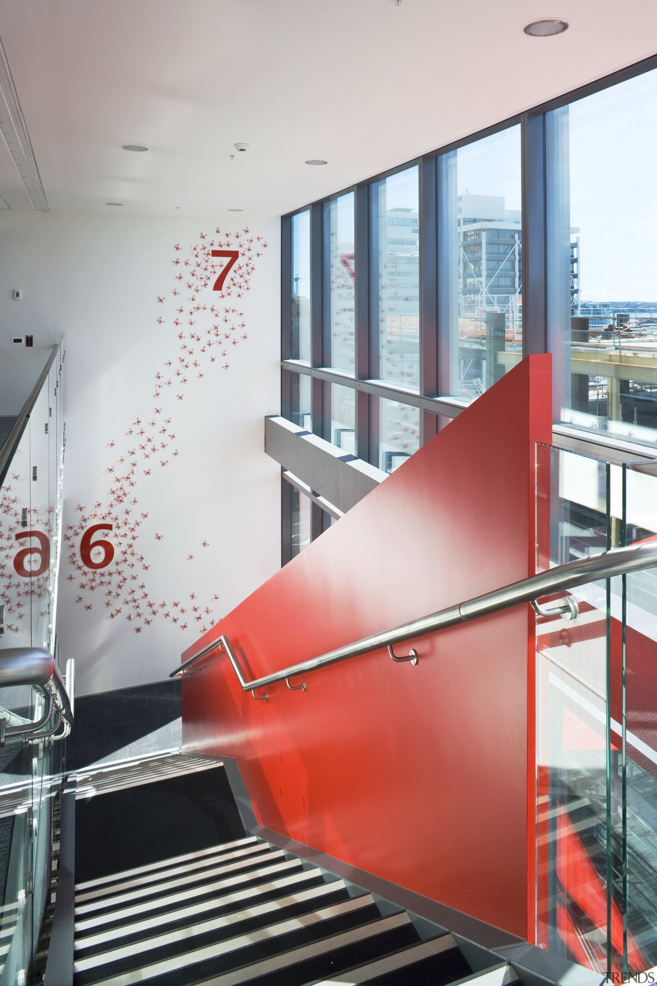 View of red stairway that zigzags up the architecture, daylighting, glass, handrail, interior design, product design, stairs, structure, white