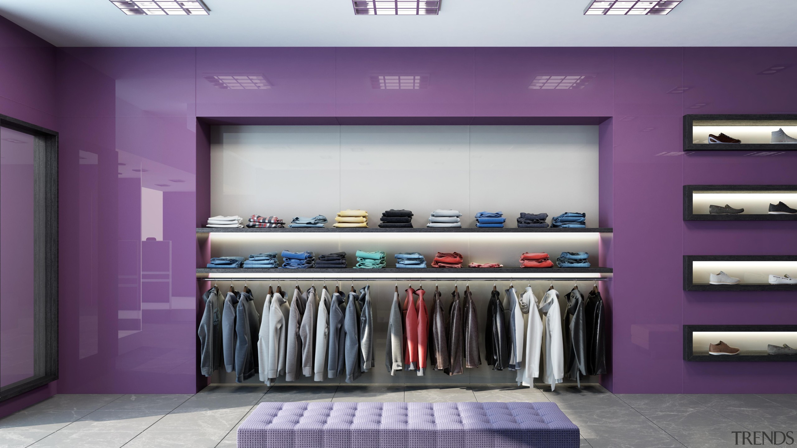 Seratone Escape offer 16 ultra-glossy colours born from boutique, interior design, product, purple, retail, purple, gray
