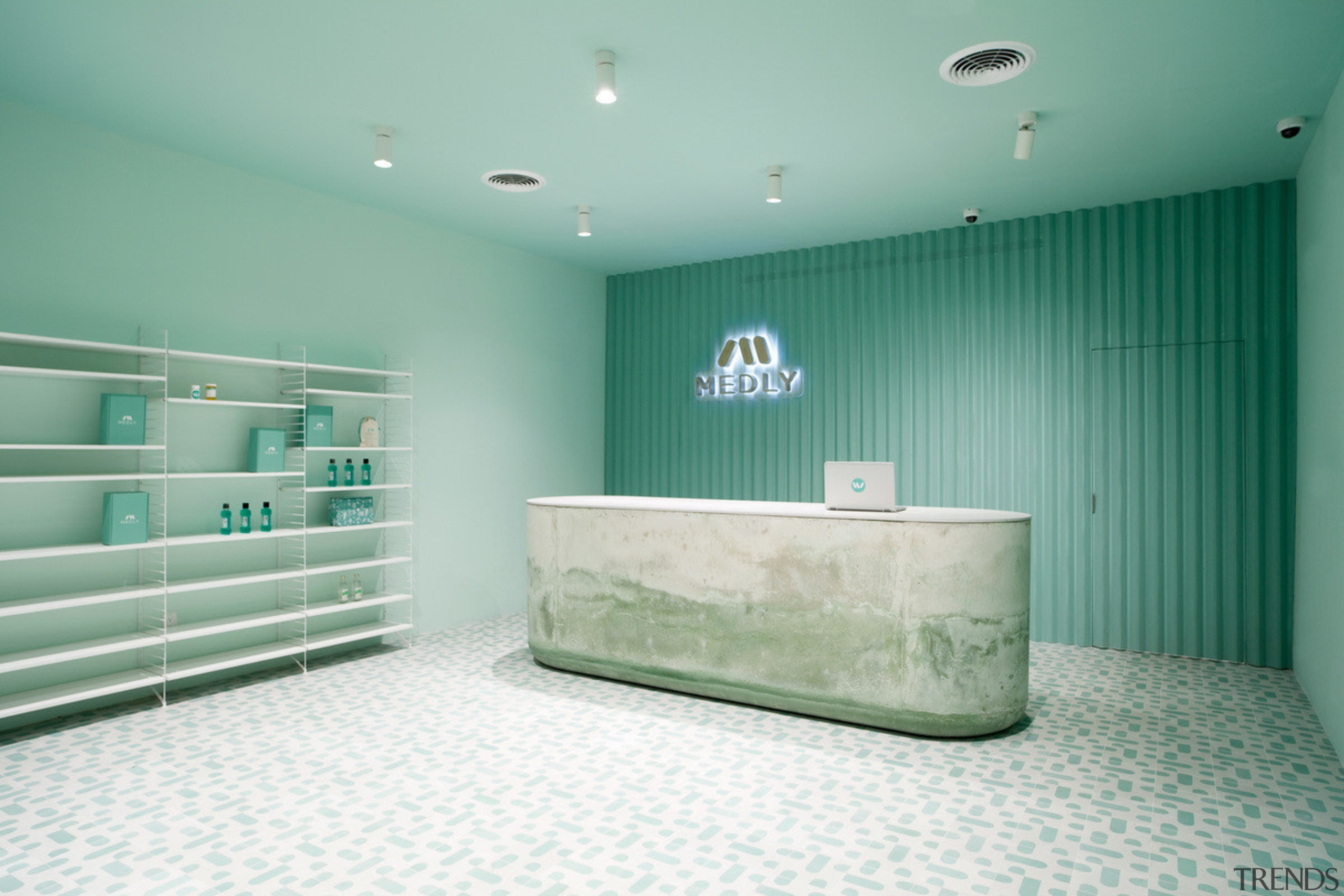 Sergio Mannino Studio designed this pharmacy to be bathroom, ceiling, floor, interior design, product, room, gray, teal
