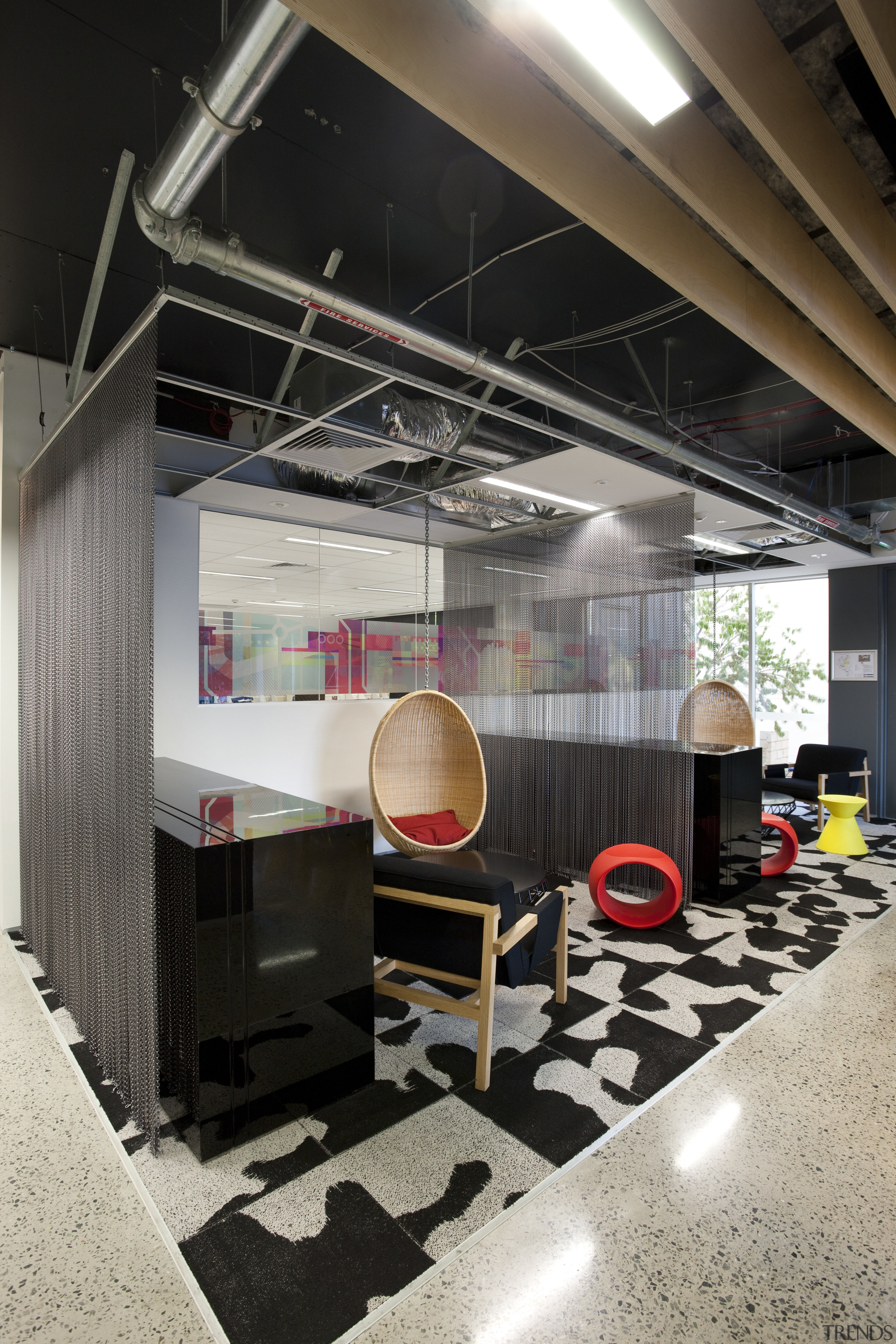 View of seating area with black and white furniture, interior design, black, gray