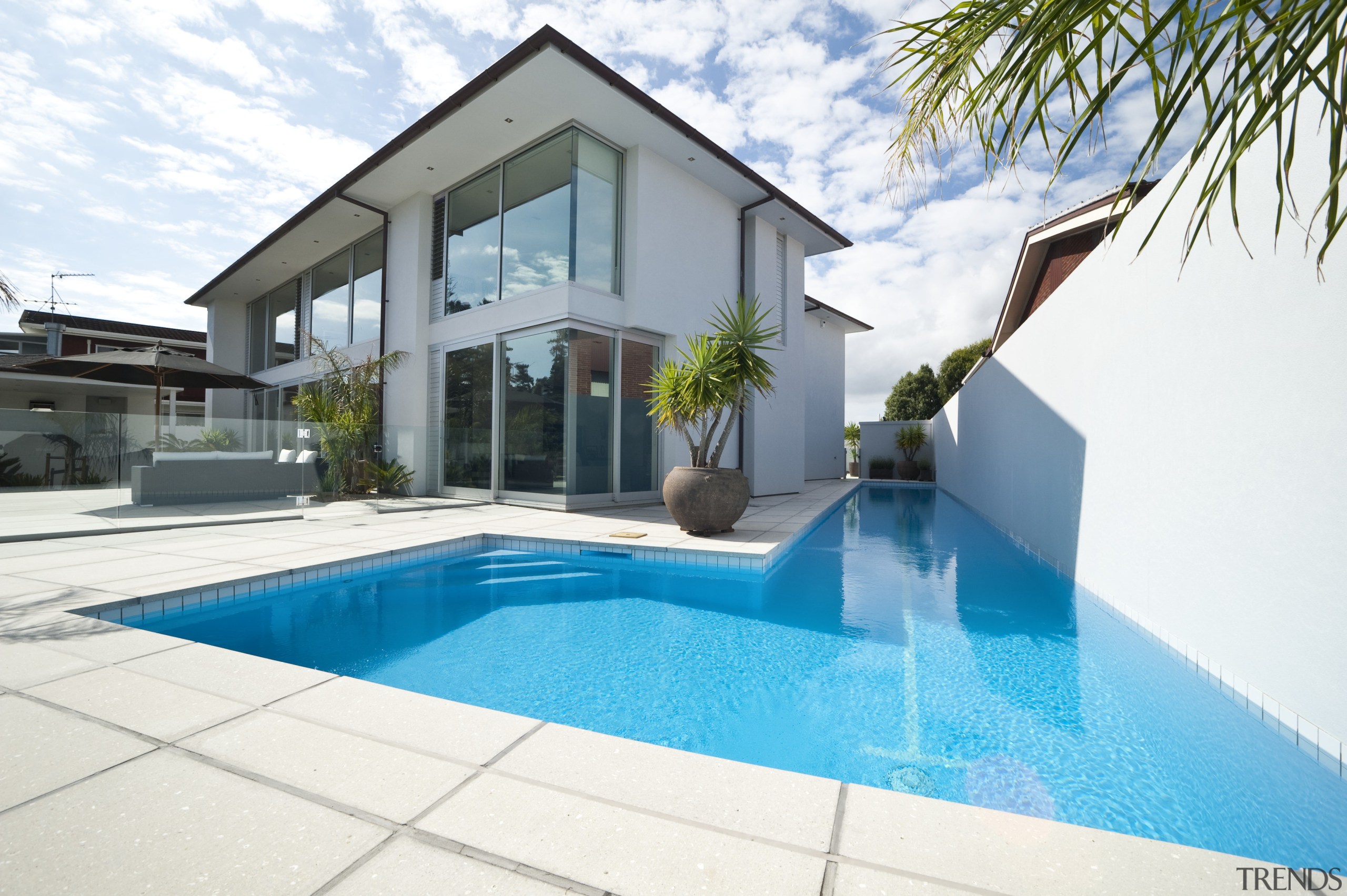 View of pool custom designed and installed by architecture, estate, facade, home, house, property, real estate, swimming pool, villa, window, white