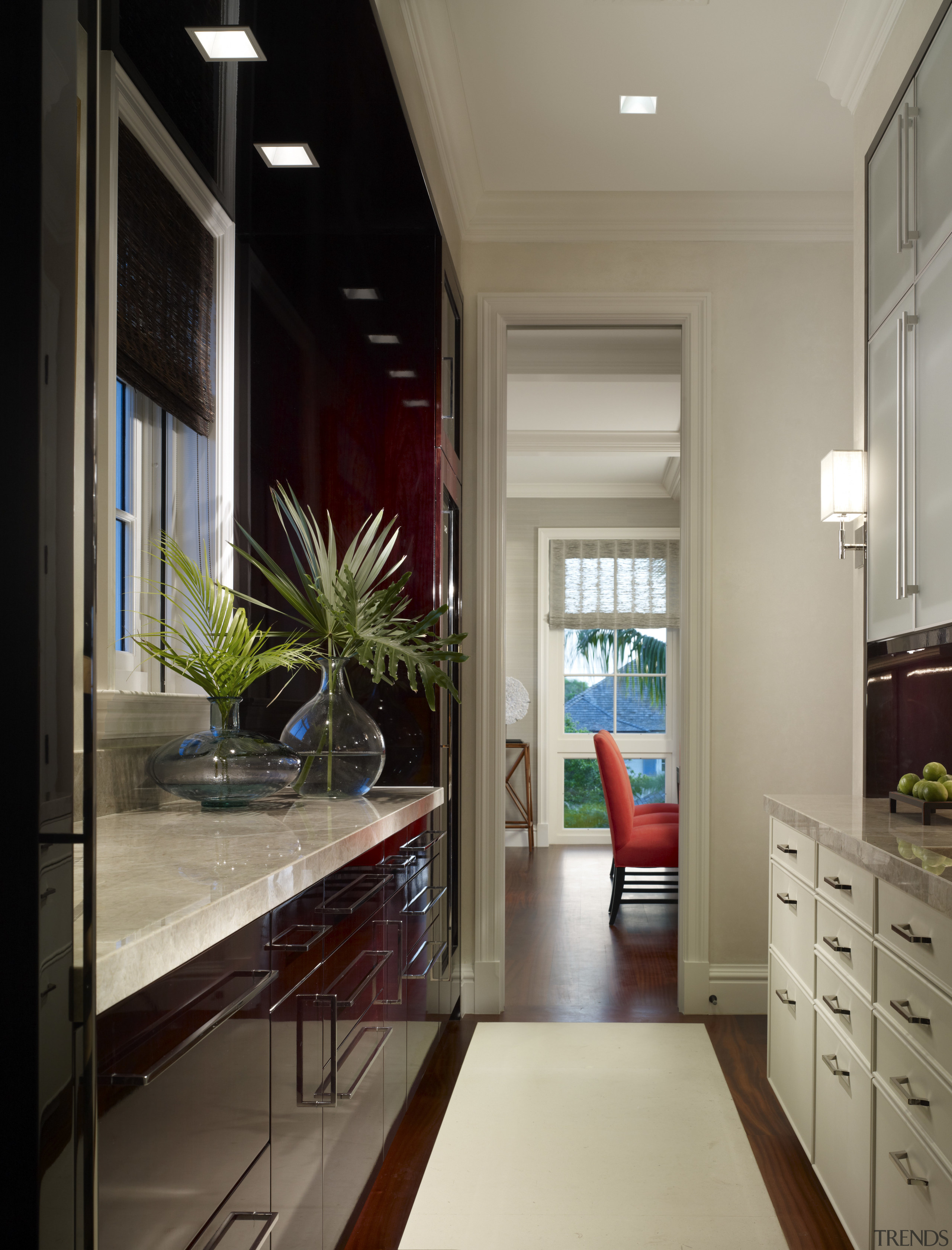 View of a kitchen featuring a pantry with ceiling, countertop, interior design, window, gray, black