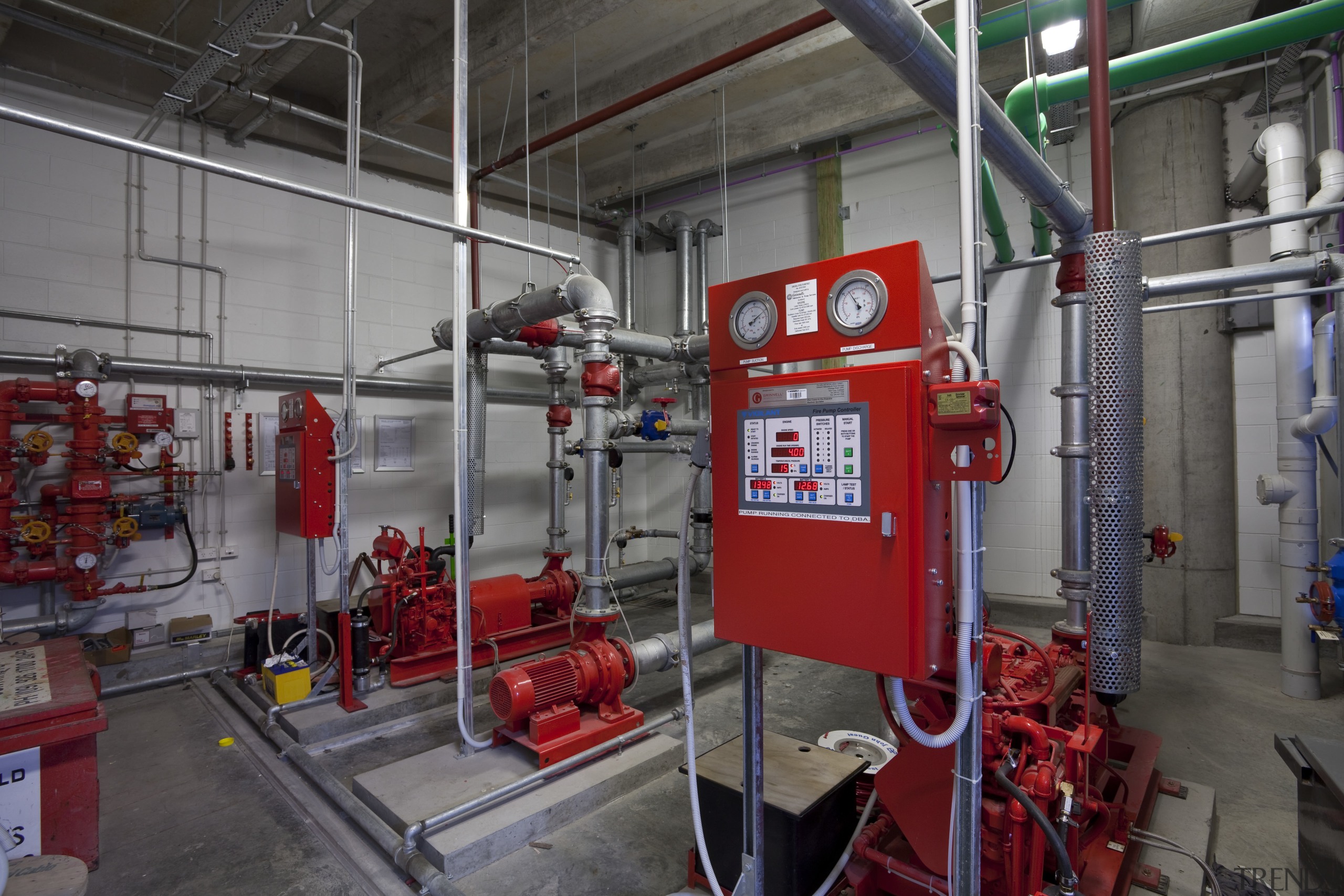 View of fire prevention and suppression systems at factory, fire department, industry, machine, manufacturing, gray, black