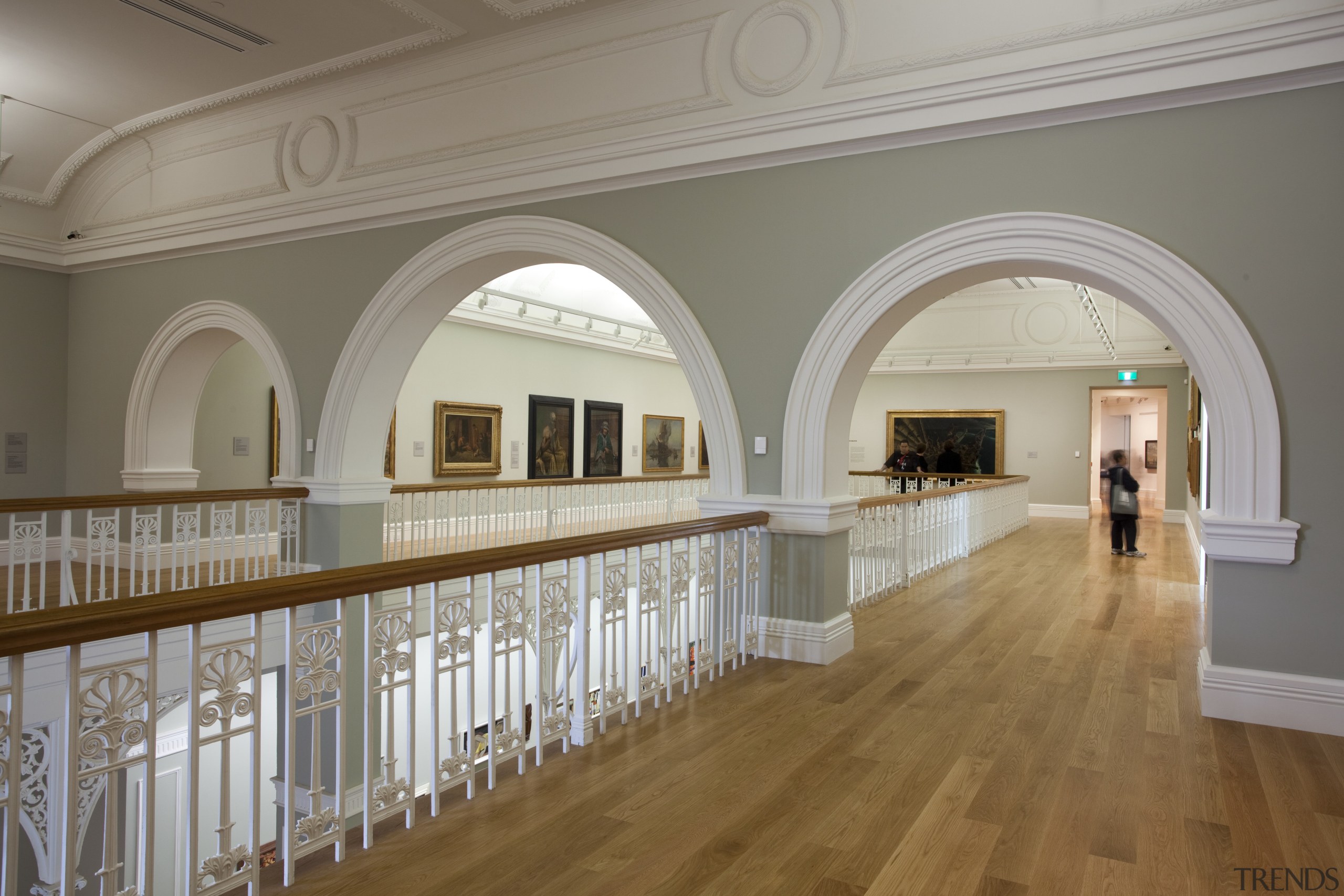 Here is a view of the Auckland Art arch, ceiling, estate, floor, flooring, interior design, molding, museum, tourist attraction, gray, brown