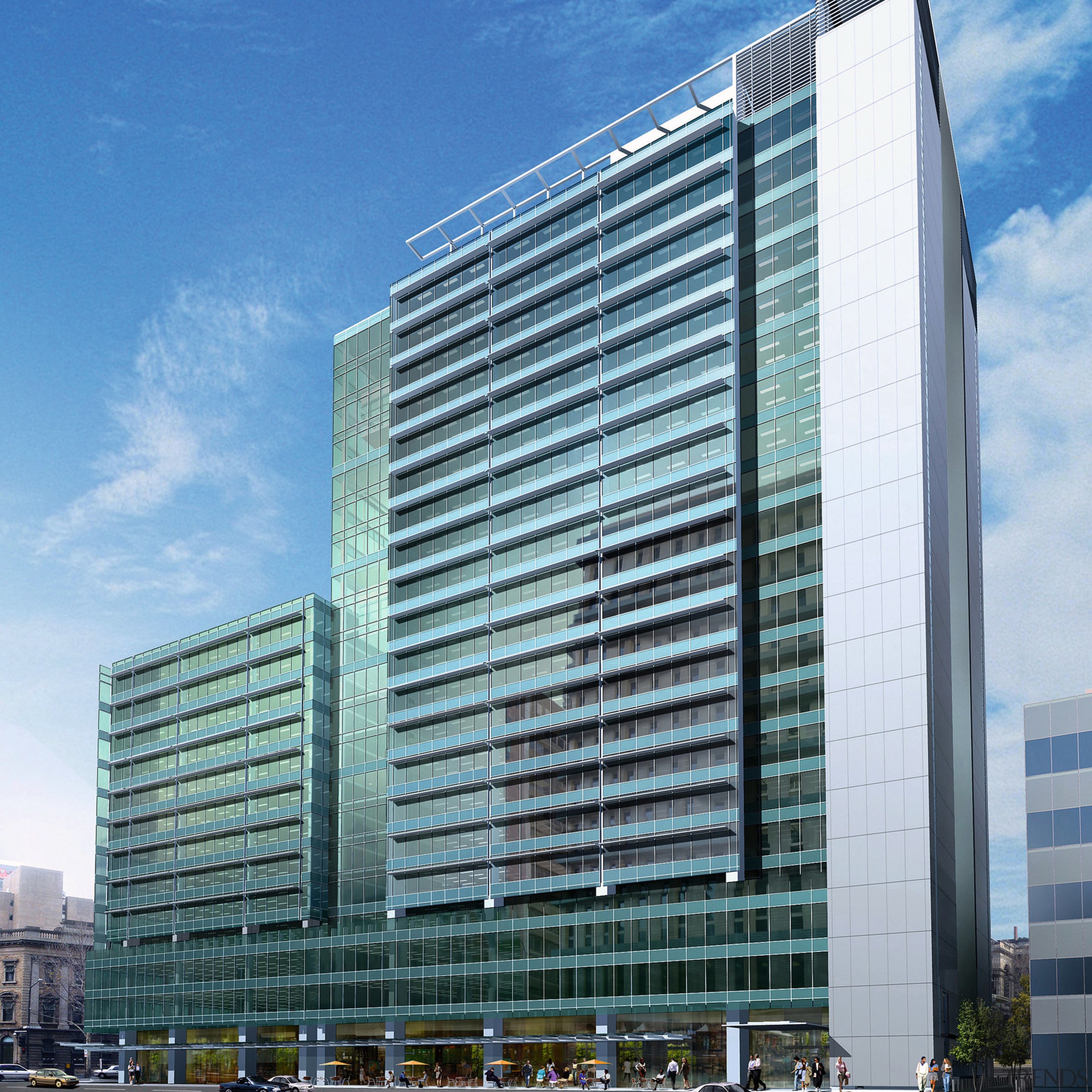 An exterior view of the of the 5 architecture, building, city, commercial building, condominium, corporate headquarters, daytime, downtown, facade, headquarters, hotel, metropolis, metropolitan area, mixed use, plaza, sky, skyscraper, tower block, urban area, teal