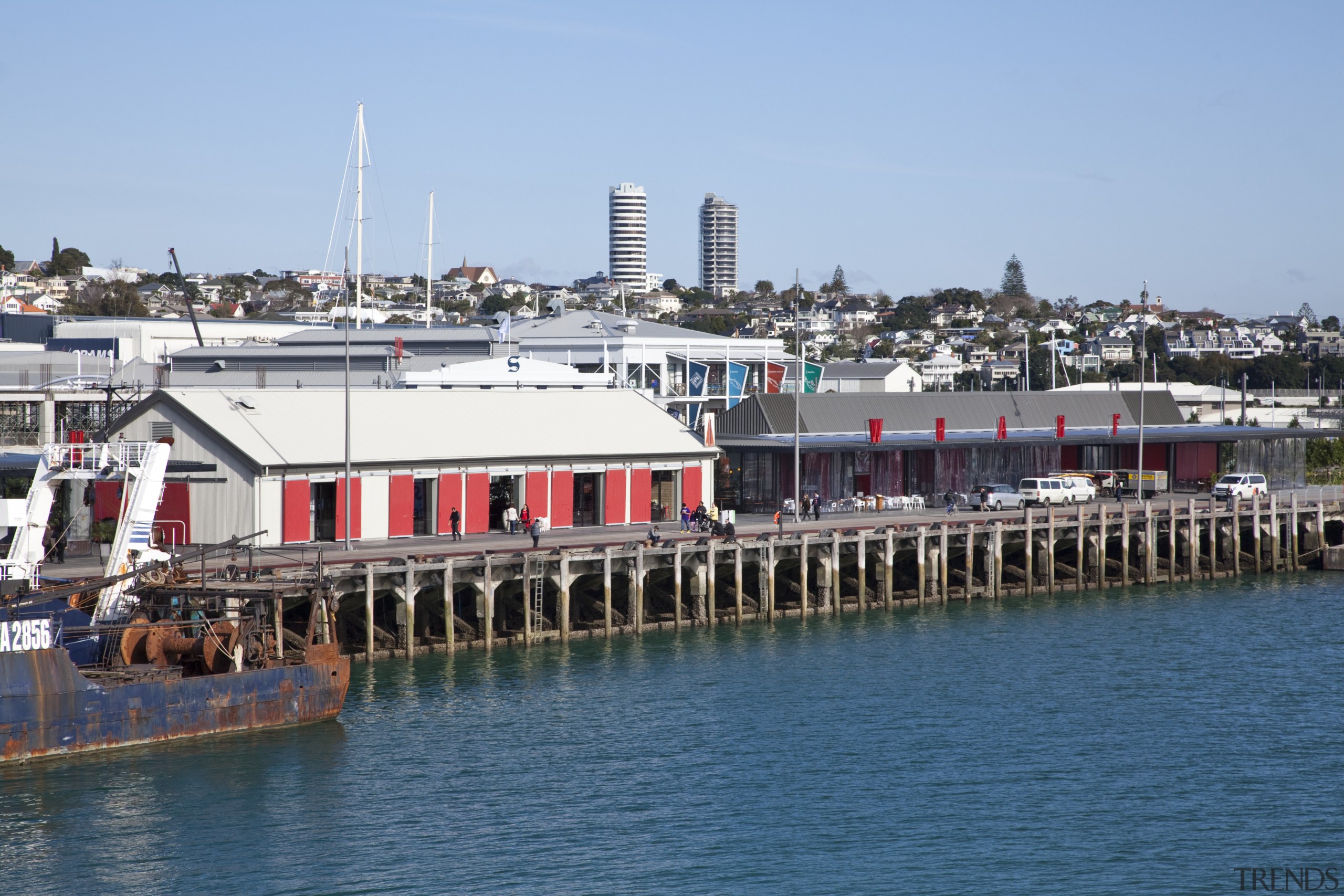 View of wynard quater. Waterfront Auckland. - View boat, boating, city, dock, ferry, harbor, marina, passenger ship, port, sea, water, water transportation, waterway, teal