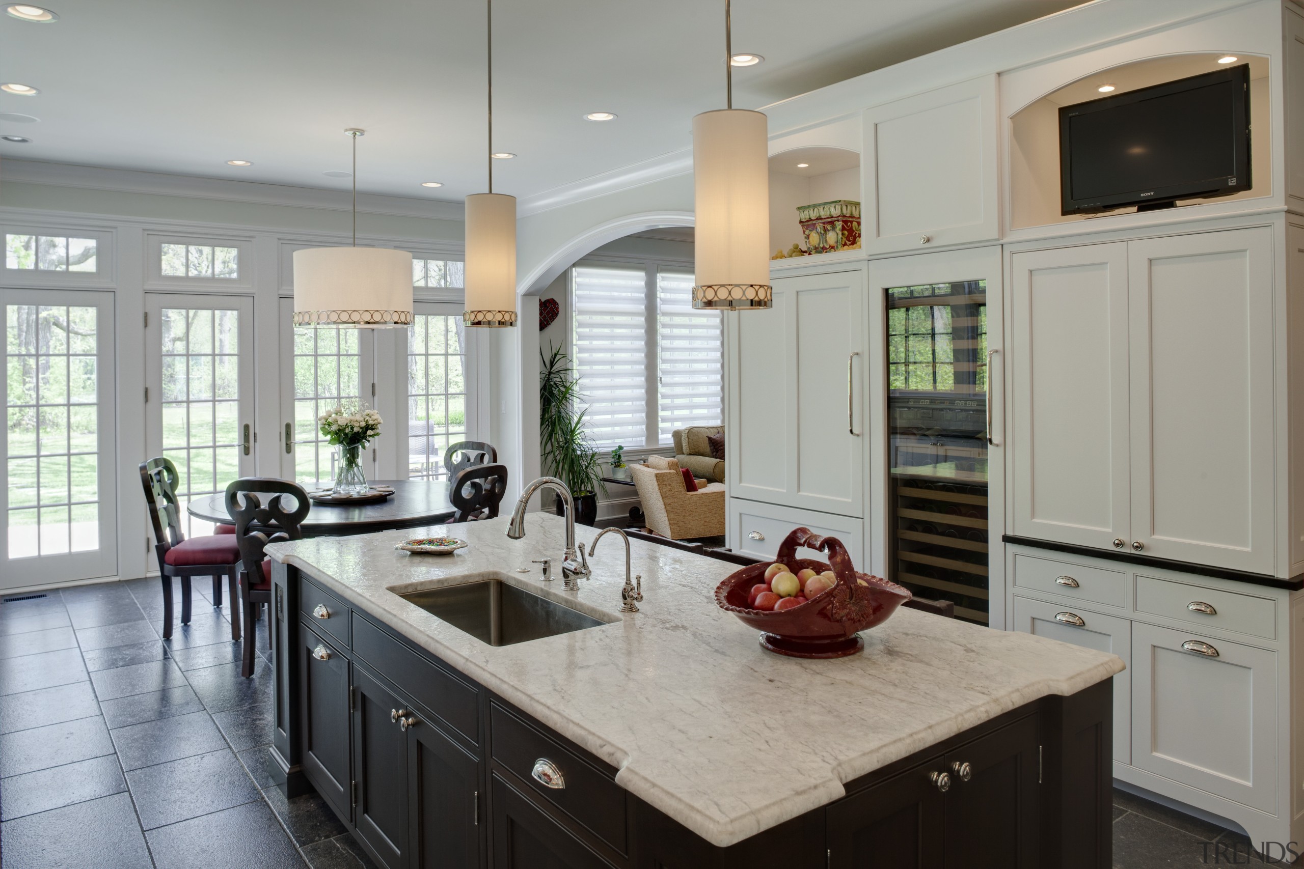 Arched openings. Red splash back. Limestone floors. White cabinetry, countertop, cuisine classique, interior design, kitchen, room, gray