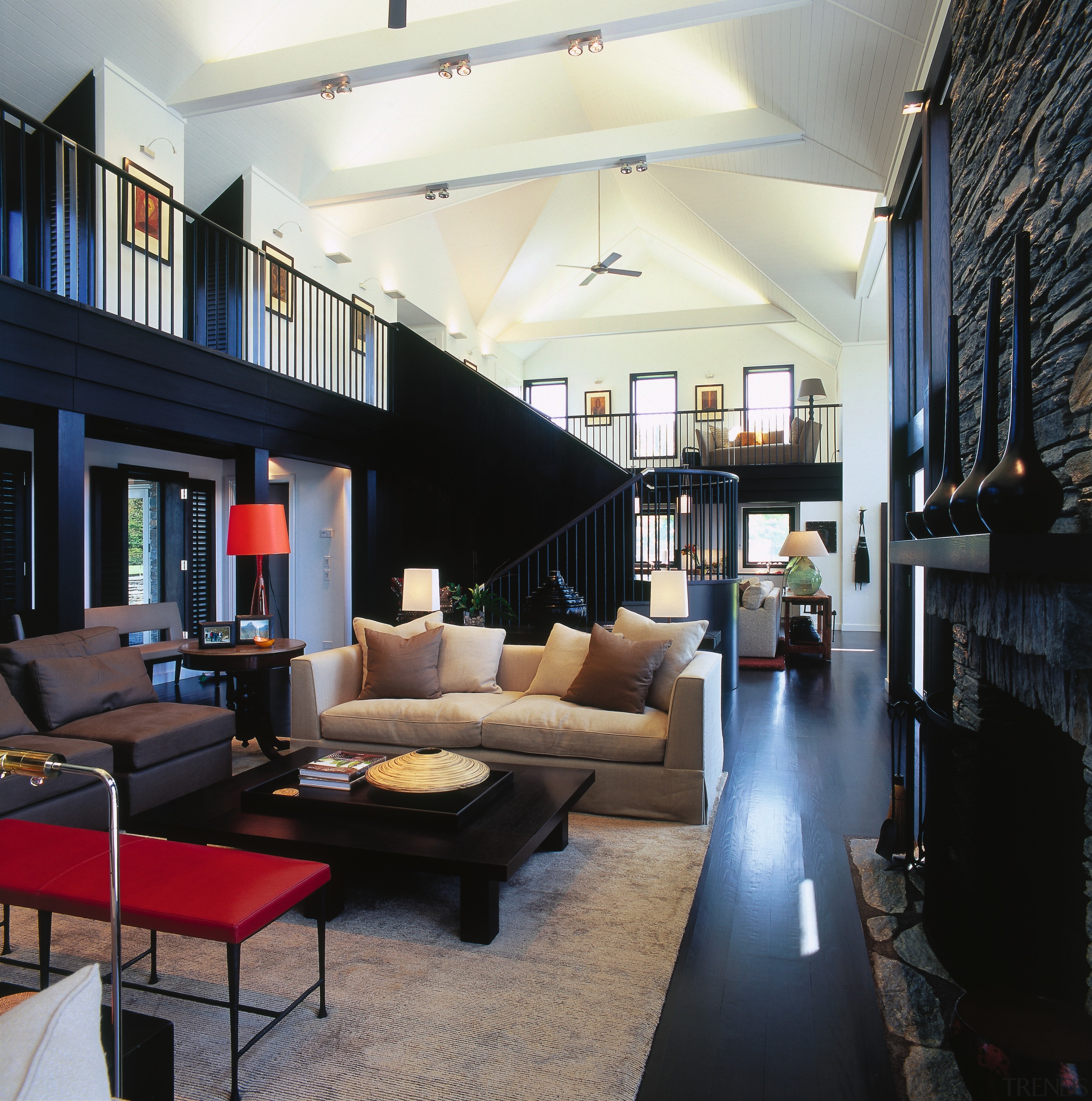 A view of the lounge area, wooden flooring, ceiling, furniture, interior design, living room, lobby, loft, room, black