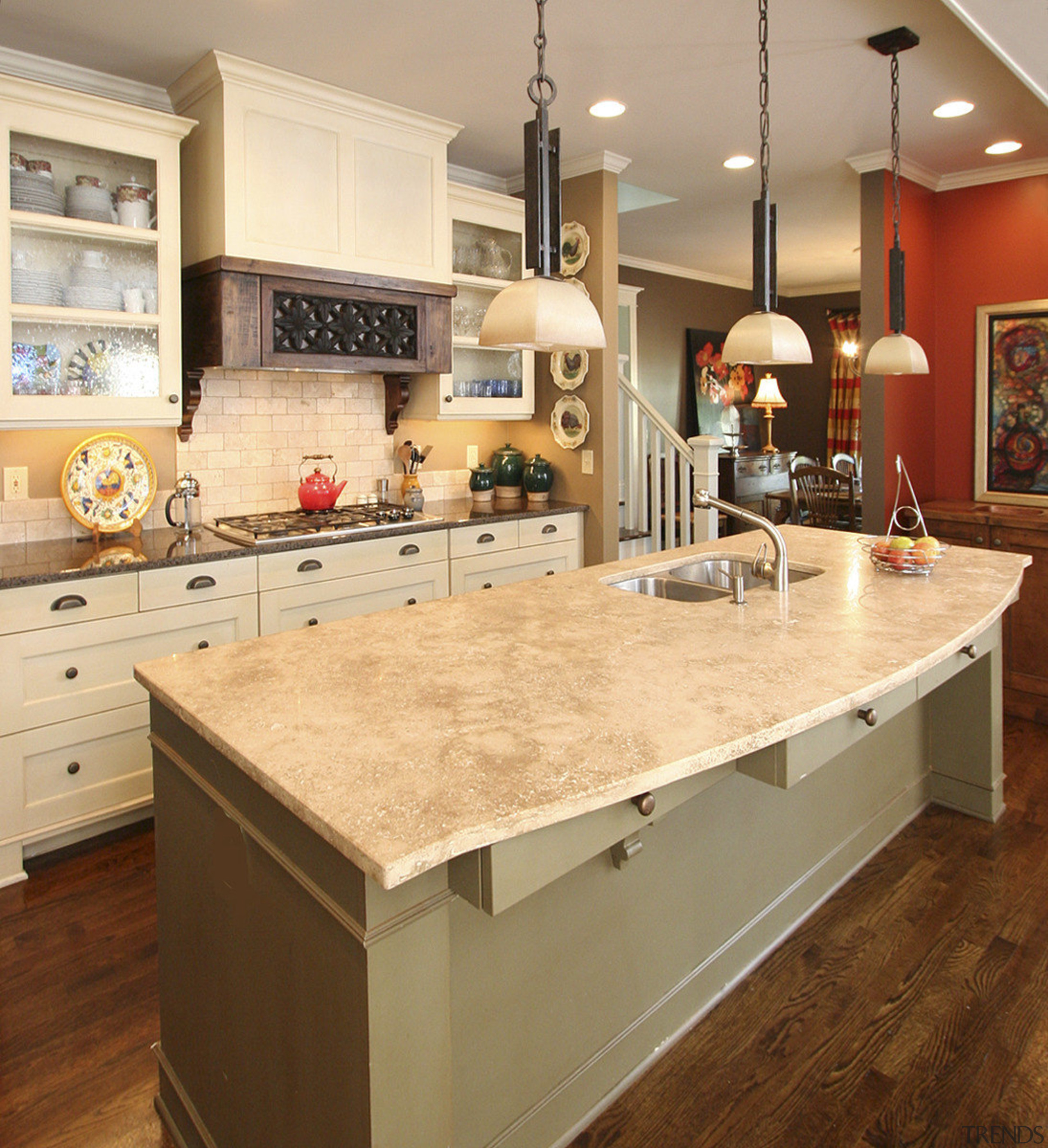 White timber kitchen  with marble benchtops - cabinetry, countertop, cuisine classique, floor, flooring, hardwood, interior design, kitchen, room, table, wood flooring, orange, brown