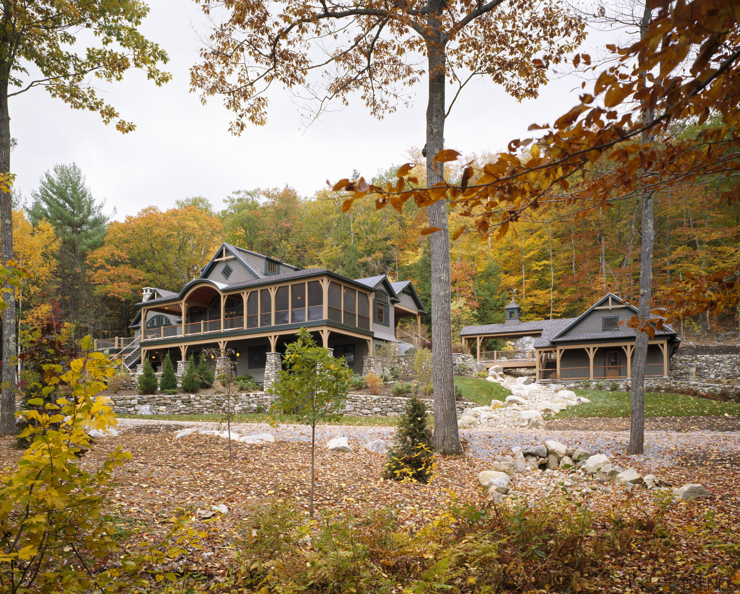 View of the holiday homes exterior featuring white autumn, cottage, estate, grass, home, house, landscape, leaf, log cabin, nature, plant, real estate, tree, brown, white