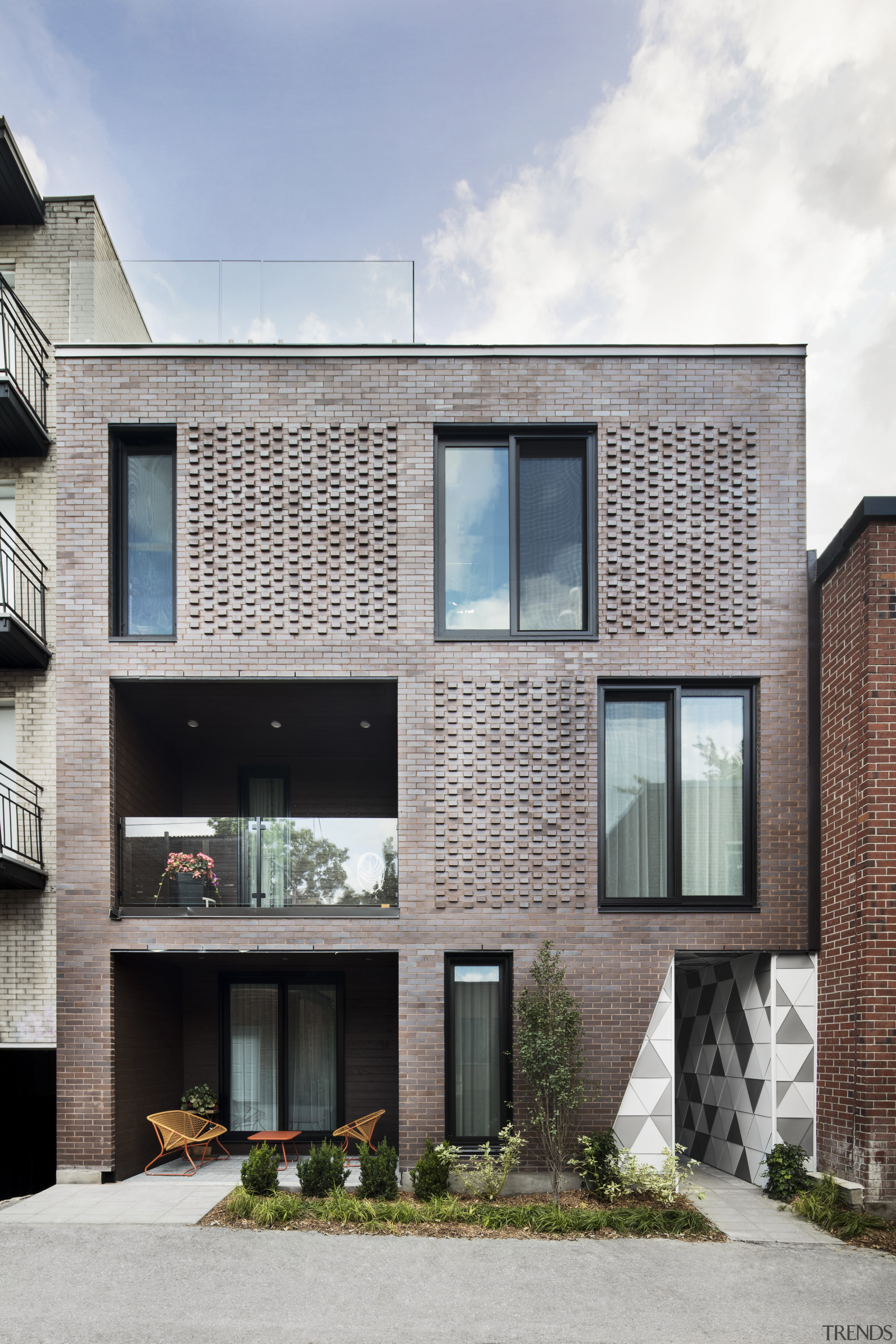 New brick cladding on La Géode merges with architecture, building, elevation, facade, home, house, neighbourhood, property, real estate, residential area, siding, window, gray, white