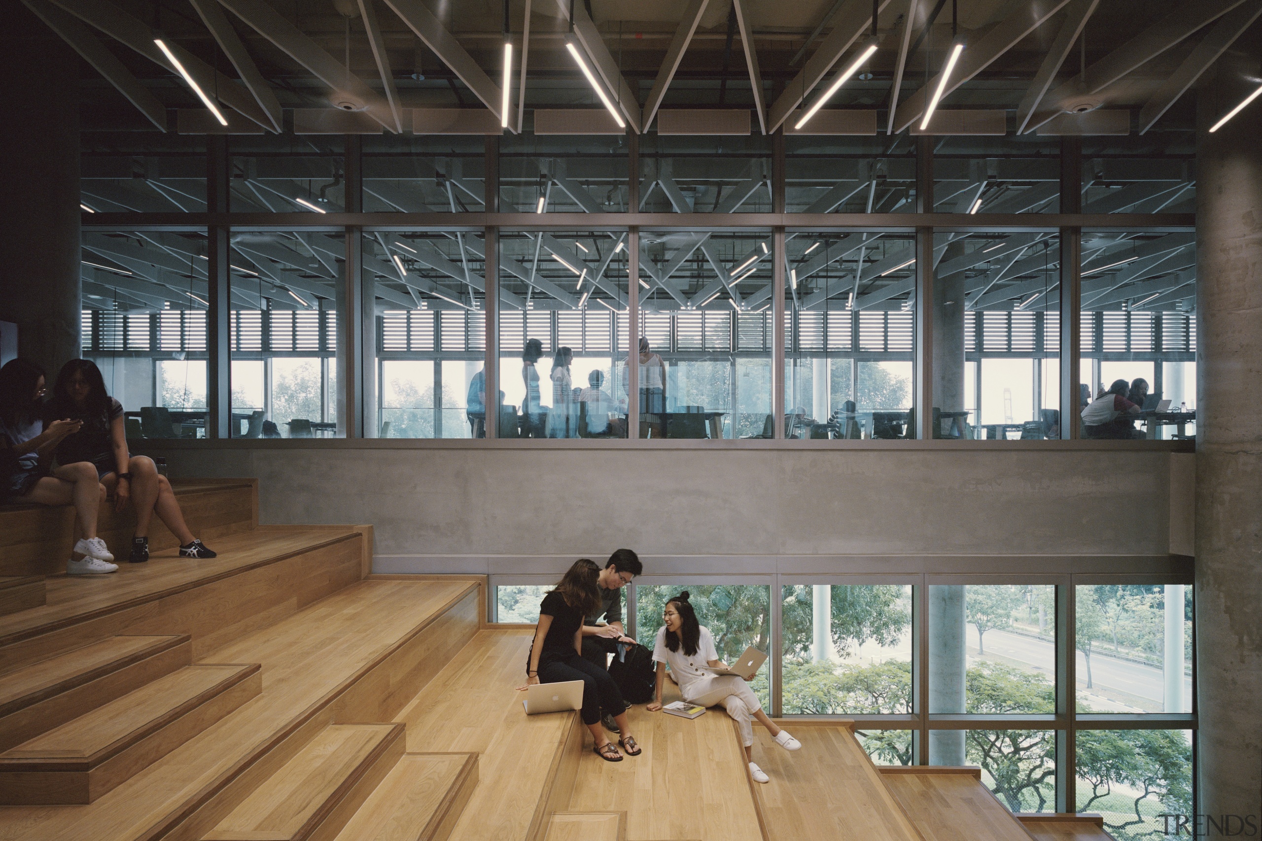 In a building design where learning, linking and architecture, building, floor, flooring, interior design, lobby, tourist attraction, wood, black, gray, university