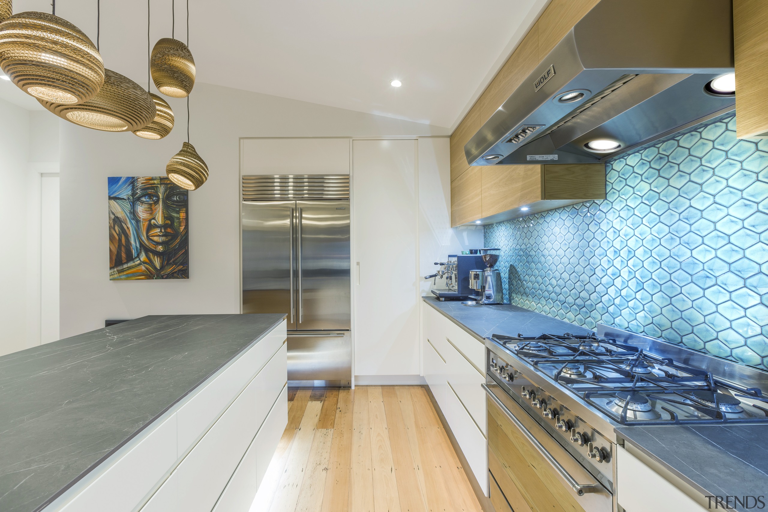 ​​​​​​​The iridescent 3D tile splashback draws the eye countertop, design, floor, flooring, furniture, glass, interior design, kitchen, tile splashback, Kira Gray