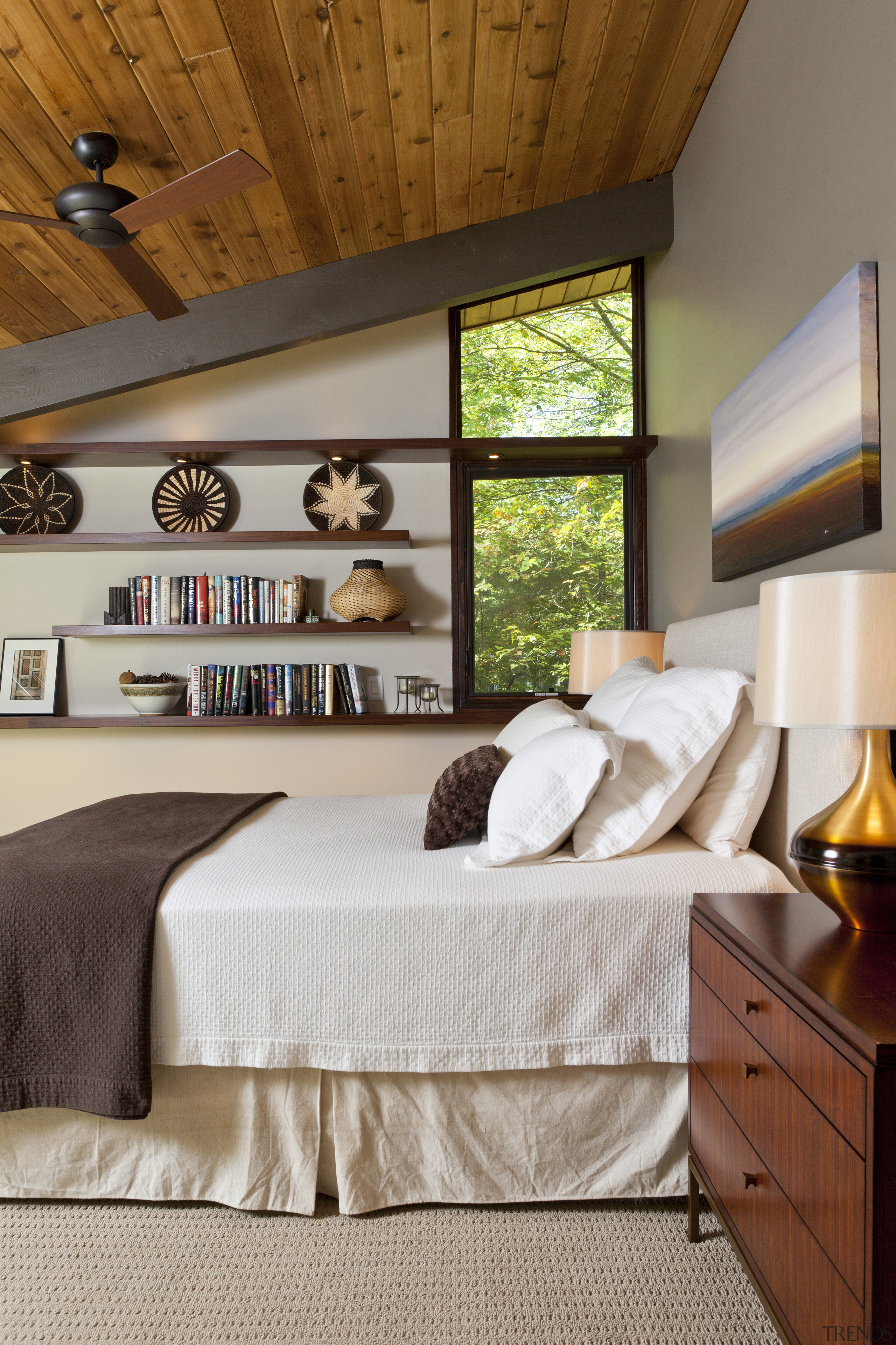 This master bedroom is in a post-and-beam house bed, bed frame, bedroom, ceiling, furniture, home, interior design, room, wall, wood, brown, gray