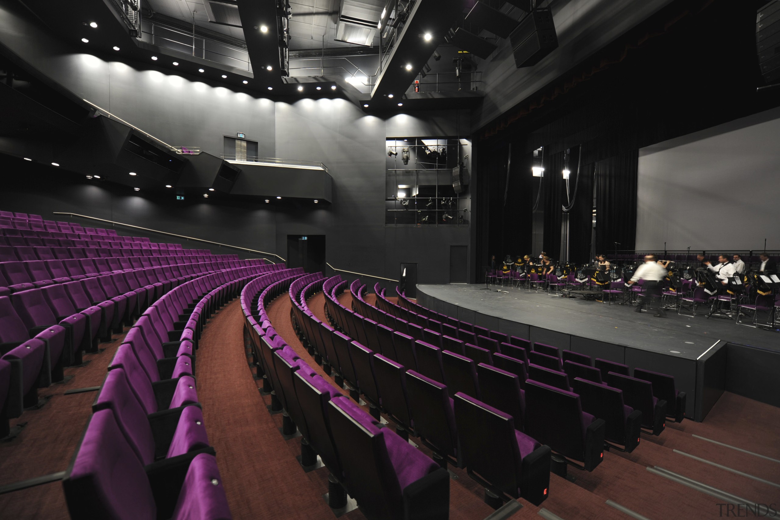 View of the interior stage/seating area of the auditorium, performing arts center, stage, structure, theatre, black