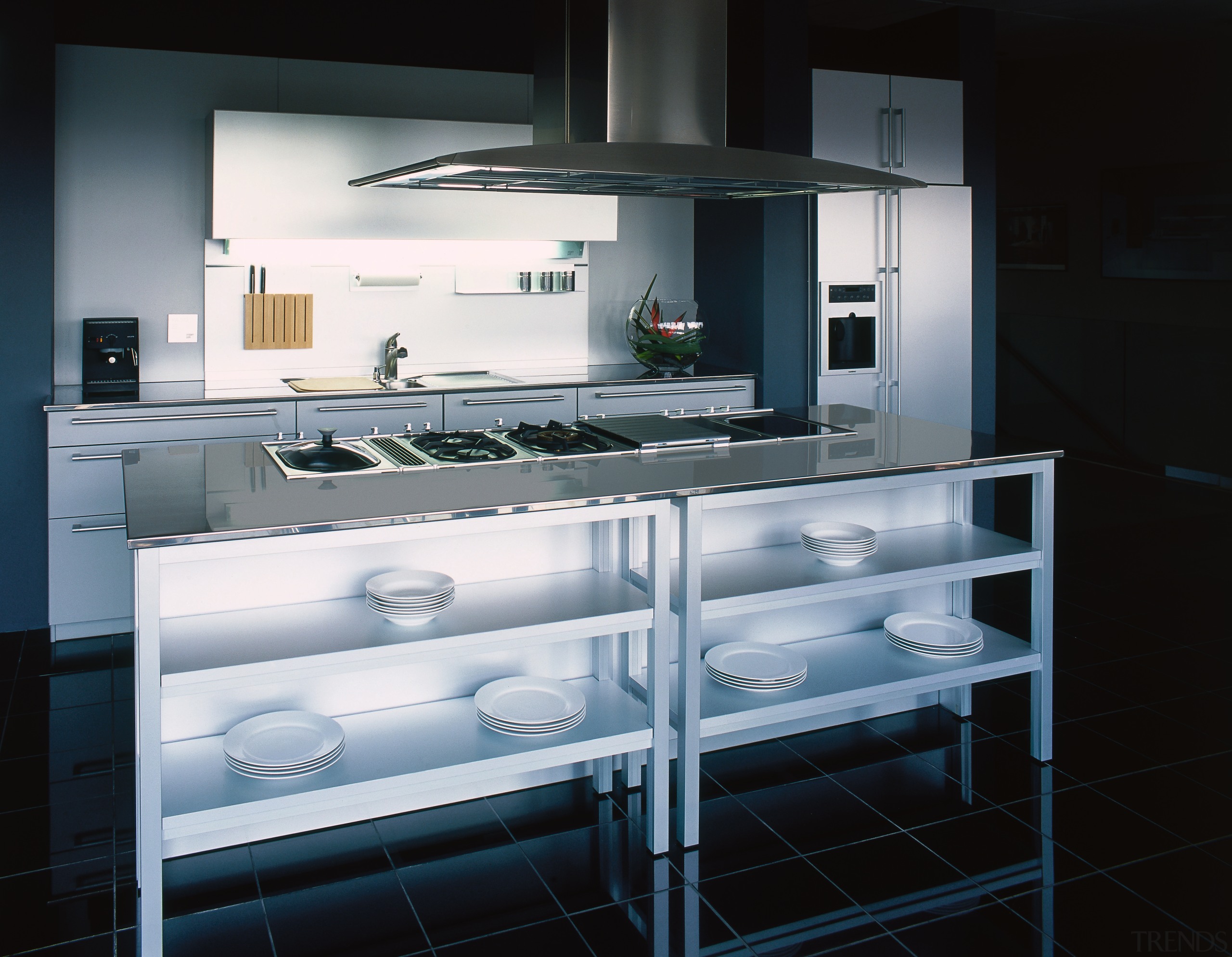 A view of a kitchen, stainless steel benchtops, countertop, glass, home appliance, interior design, kitchen, kitchen appliance, kitchen stove, major appliance, product design, black, gray