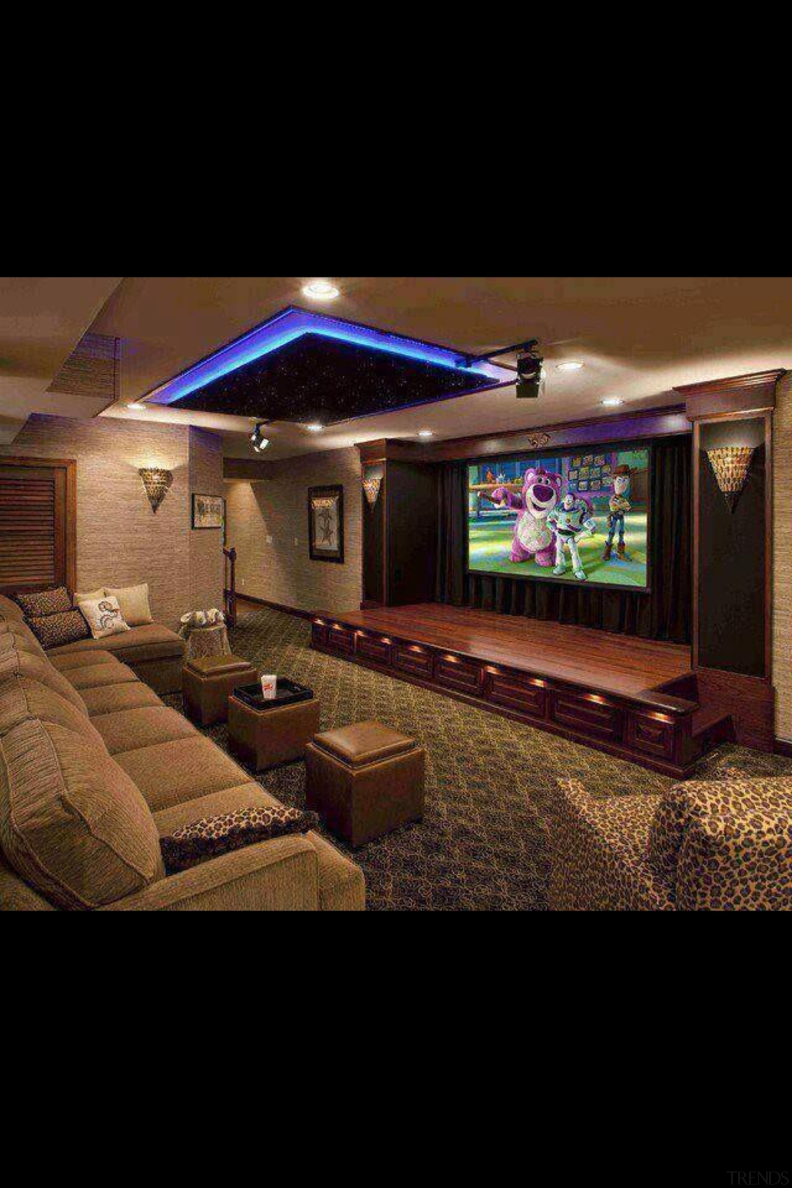 must have HUGE TV in the TV room ceiling, interior design, lighting, black, brown