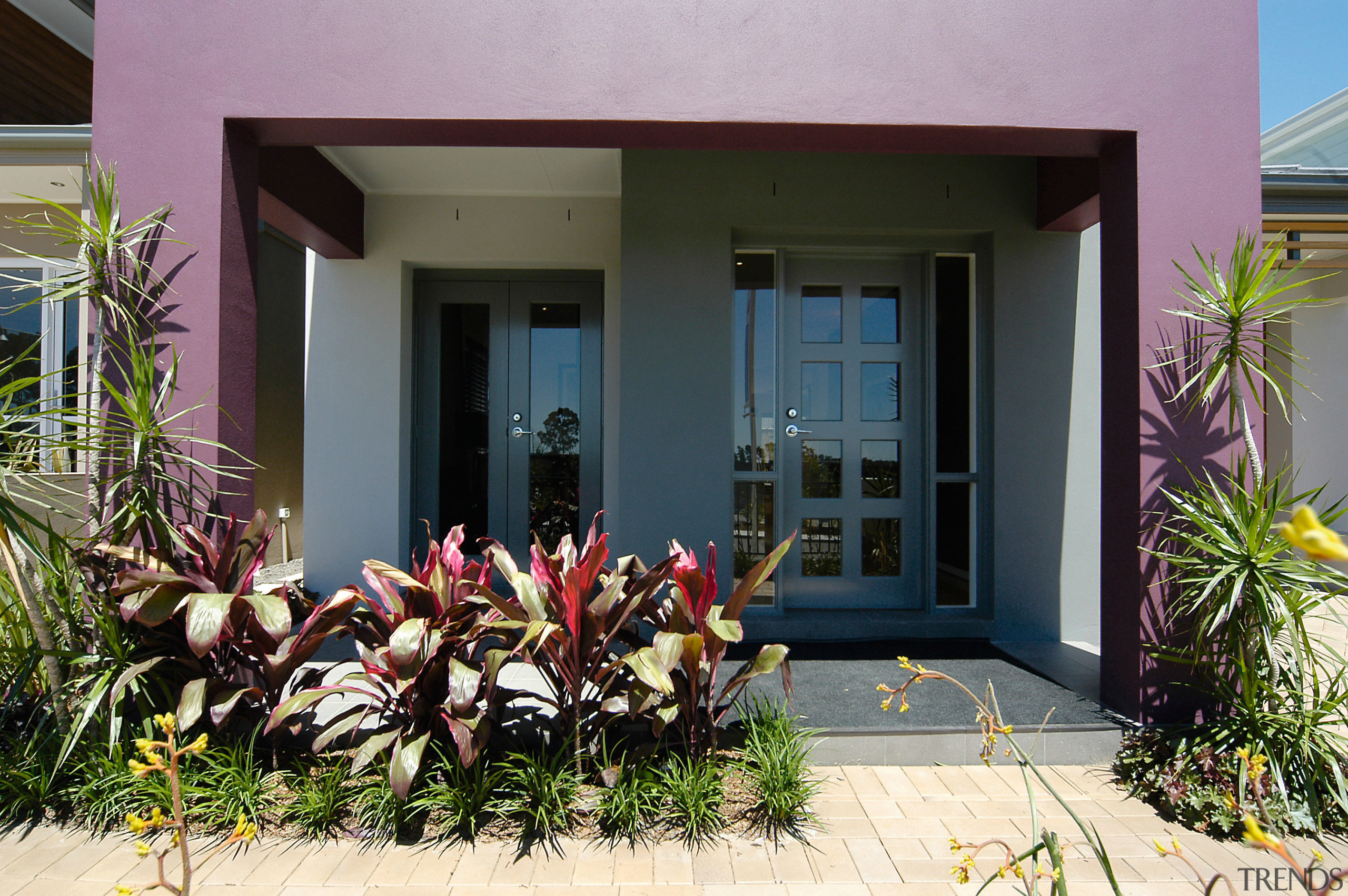 Entranceway of house with grey and plum coloured home, house, plant, property, real estate, window, black