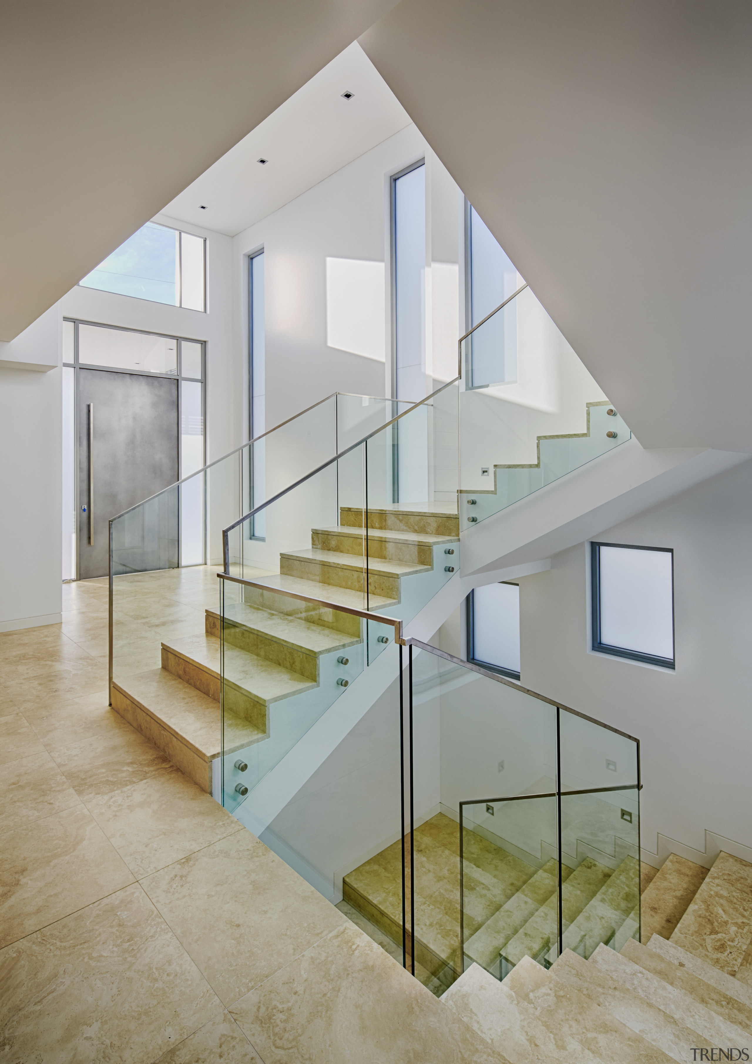 This home was designed and built by Starr architecture, baluster, daylighting, floor, glass, handrail, home, house, interior design, real estate, stairs, wall, gray