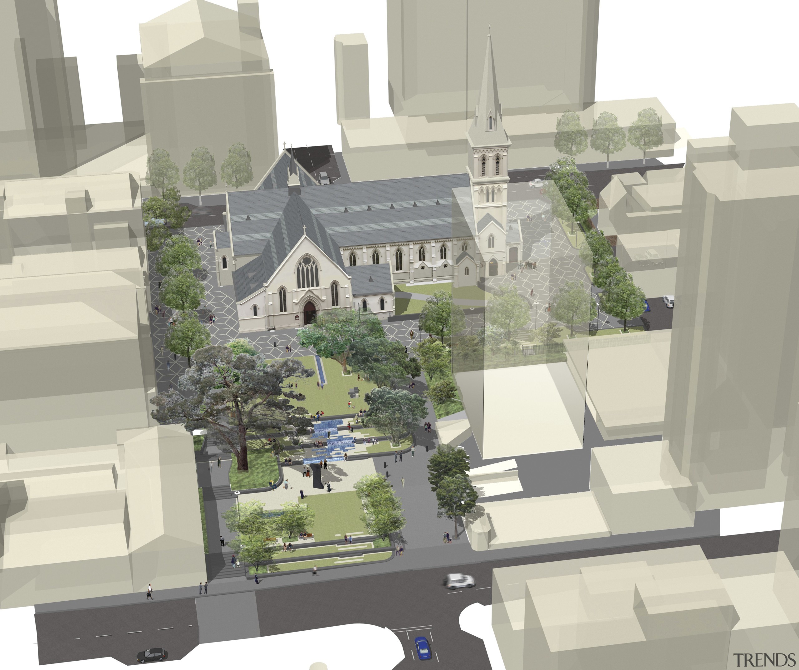 Digital image of St Pats church in Auckland architecture, building, condominium, elevation, home, mixed use, neighbourhood, property, real estate, residential area, suburb, urban design, gray, white