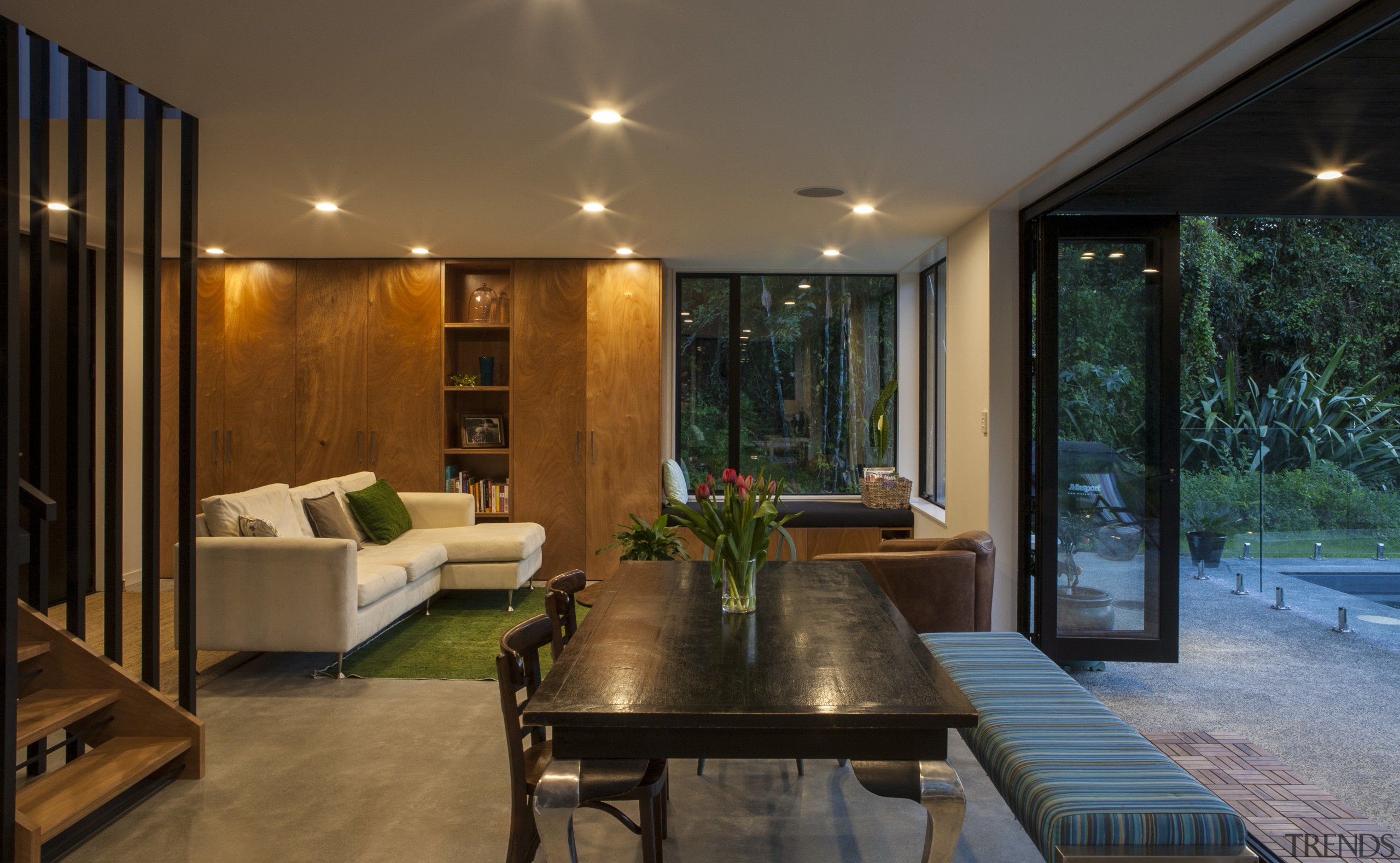 Down the garden path  new home by architecture, ceiling, estate, home, house, interior design, lighting, living room, real estate, wall, window, brown, black