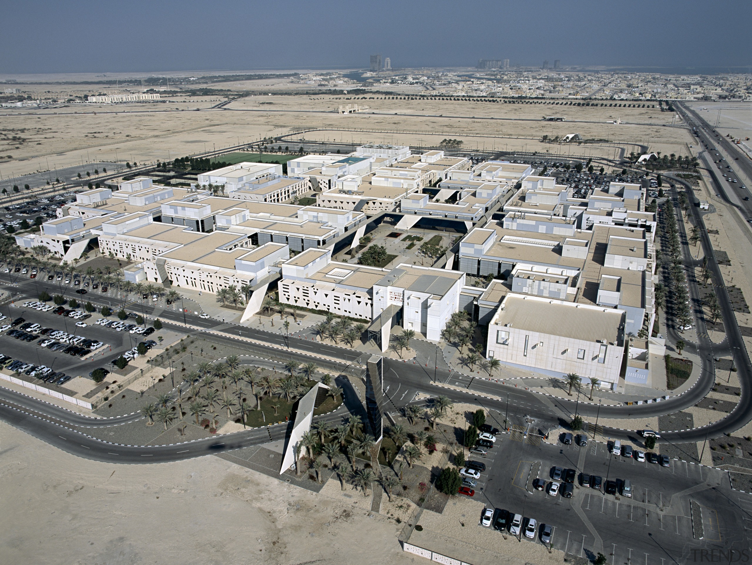 The whole campus covers more than 75,000m² and aerial photography, bird's eye view, residential area, suburb, gray